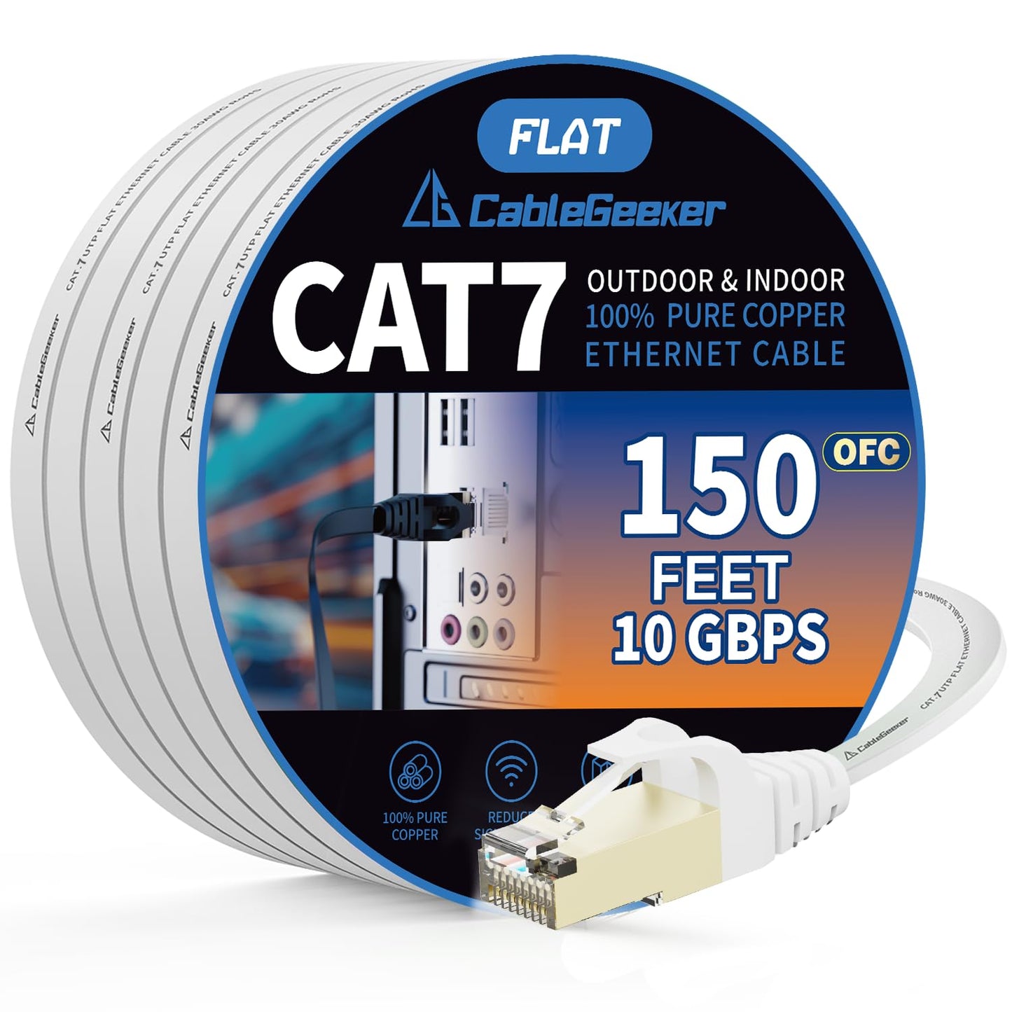 Cat 7 Shielded Ethernet Cable 150ft White, Compatible with Cat5e/Cat6 Network, Cat7 Flat Patch Cables, High Speed Internet Cord for Modem, Router, LAN, Computer, Including Clips and Straps