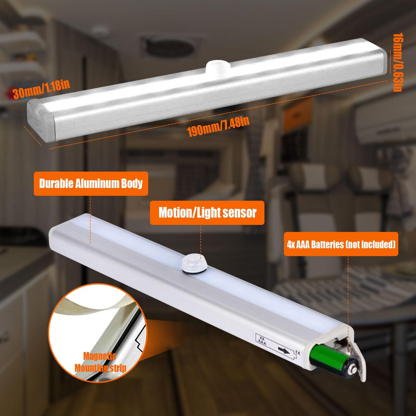 4 Pack Motion Activated RV Step Lights with 10 LEDs,Magnetic Motorhome Motion Sensor led Light Strip Bar for Motorhome Travel,Travel Trailers, Camper (Battery Operated)