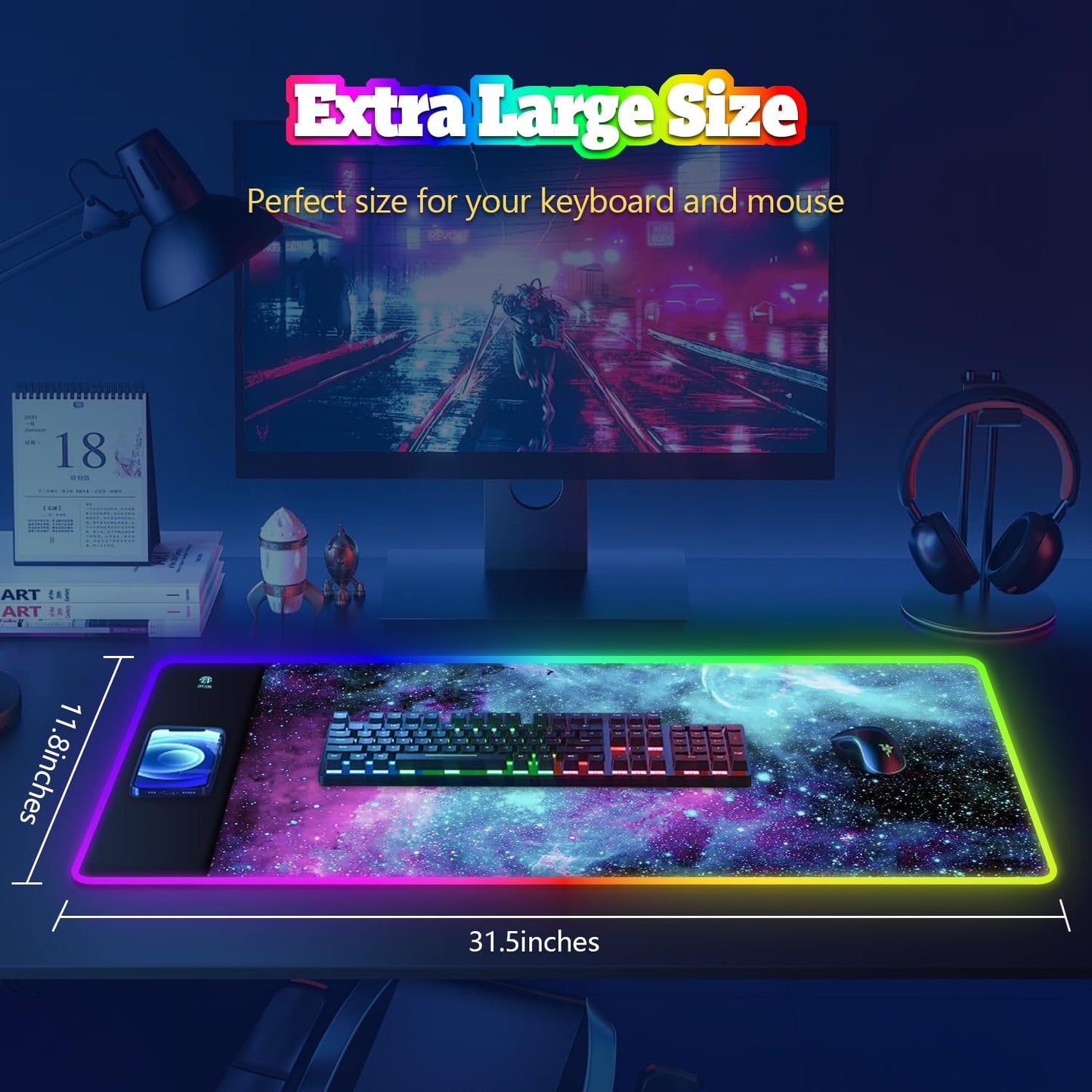 YQE Gaming Mouse Pad Wireless Charging: RGB Gamer Desk Mat 15W for Keyboard and Mouse, Large LED Desk Pad with 10 Colors LED Light, Non-Slip Rubber Base Keyboard Pad for Gaming, PC, Laptop