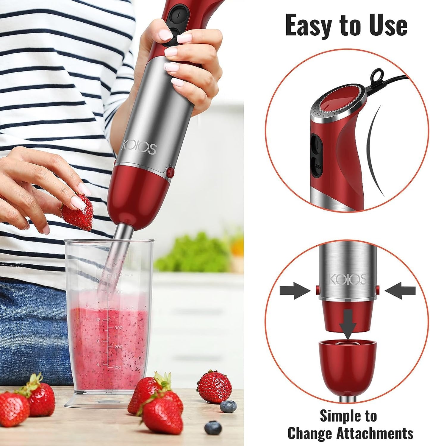KOIOS 5-in-1 Hand Immersion Blender, 1000W 12 Speed Handheld Blender, Pure Copper Motor 304 Stainless Steel Blade Stick Blender, Non-BPA, Red