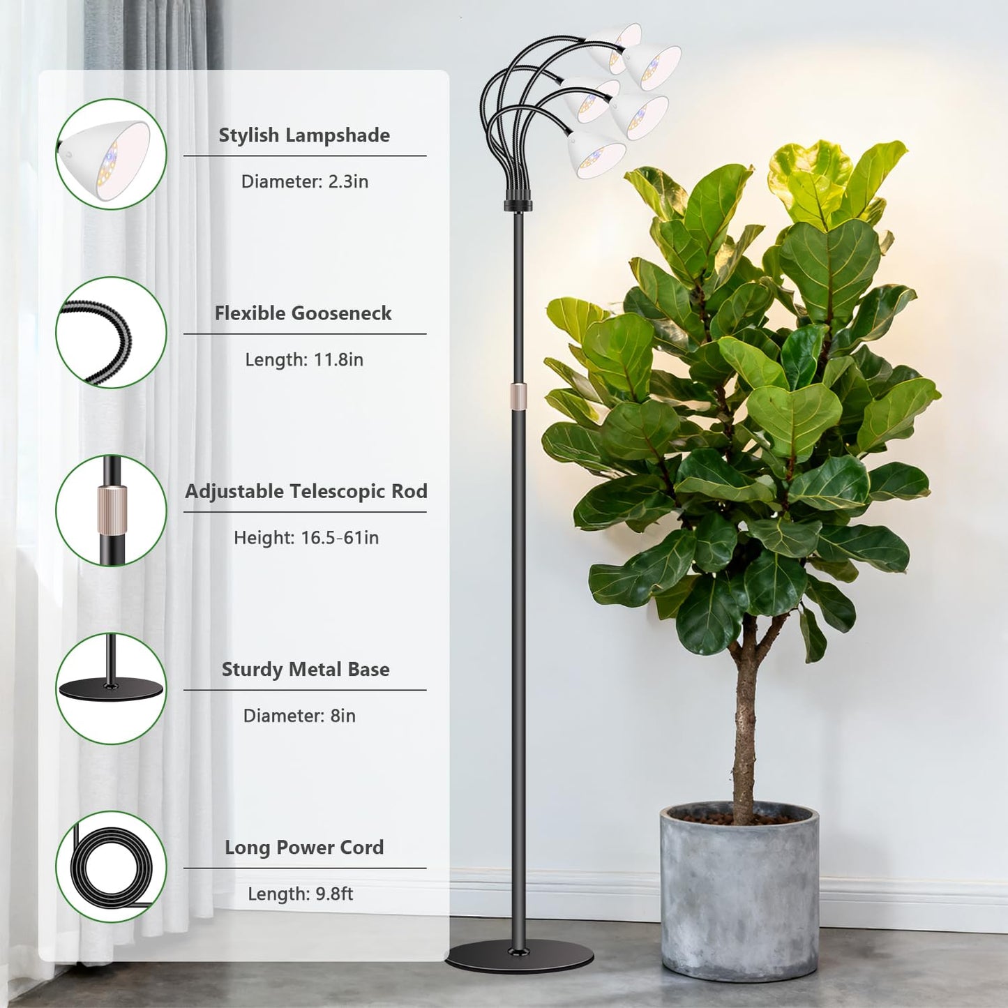 Wolezek Grow Lights for Indoor Plants Full Spectrum with Stand, 5-Head 120 LEDs Floor Plant Grow Lamp for Large Plants, Auto ON/Off Timer 6/12/16H, 5 Dimmable Levels, Adjustable Height 16.5"-61"