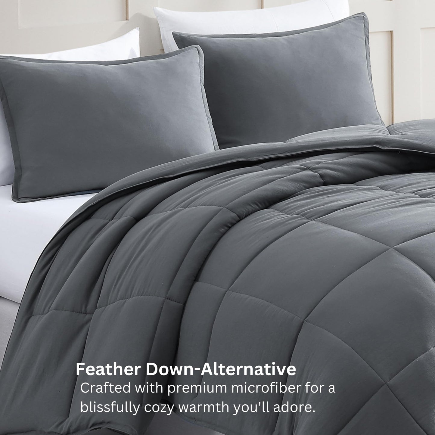 Casa Platino Queen Comforter Set 3 Piece - Charcoal Grey - 300 GSM Fill Weight Down Alternative All Season Bedding - Pre-Washed Brushed Microfiber - Oeko-TEX - Corner Tabs - 88"×88"