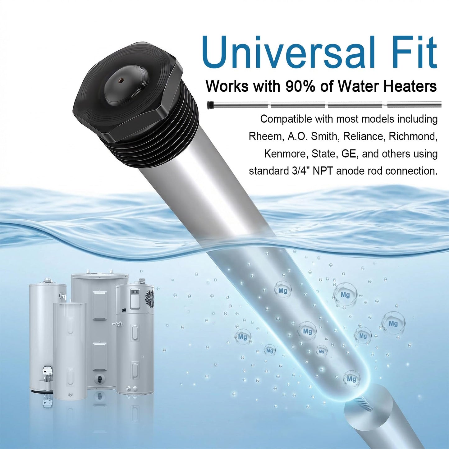 Magnesium Flexible Anode Rod for Hot Water Heaters, 44'' Long, 0.8'' Diameter, 3/4 NPT Thread with 1-1/16 Inch Hex Socket Tool and Teflon Tape