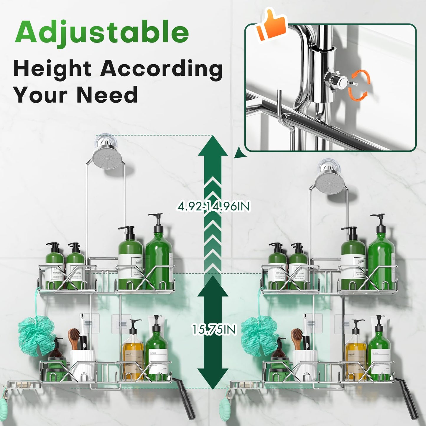 Stainless Steel Shower Caddy for Handheld Shower Heads,Rustproof Hose Shower Organizer Adjustable Length Shower Rack with 24 Hooks,Razor Holder,Soap Holder
