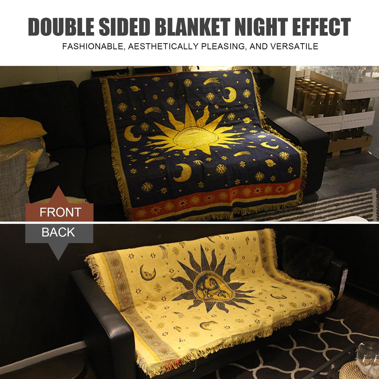 Boho Throw Blanket | Double-Sided Cotton Boho Blanket | Tasseled, Celestial Tapestry | Ideal for Western Decor, Sofa, Bed, Travel | Yellow/Blue, 71"x51"