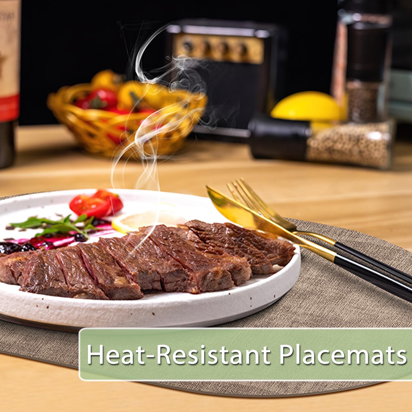 BIPASION Oval Placemats Set of 8 for Dining Table Heat-Resistant - Waterproof, Anti-Slip, Washable Table Placemats - Premium Leather PlaceMat as Stylish Home Decor, Khaki