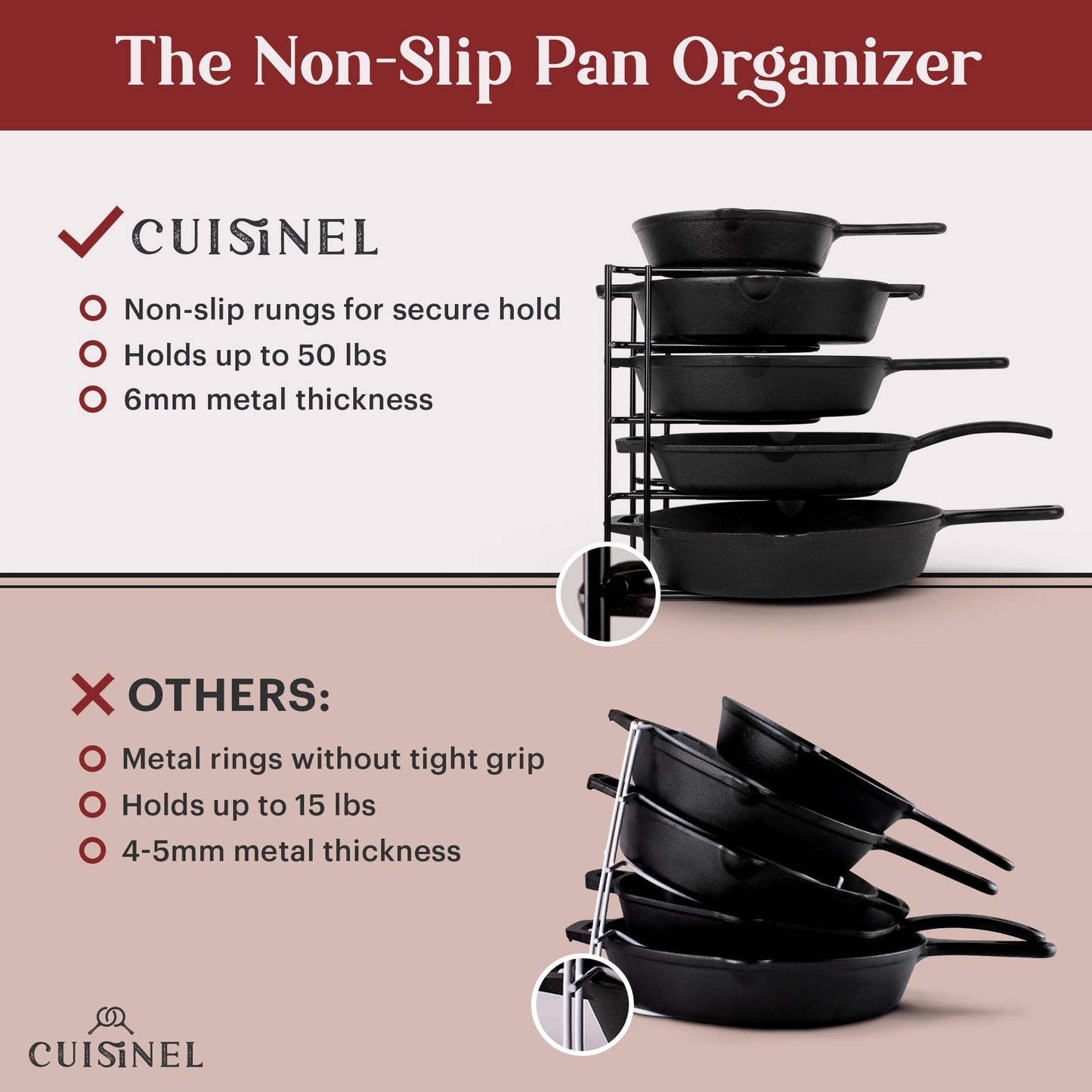 Cuisinel Pots and Pans Organizers - 2-Pack of Silicone-Coated Non-Slip 12" Heavy Duty Skillet Rack - Kitchen Organization Storage - Holds Cookie Sheets, Cutting Boards, Cast Iron Cookware, Dish Stand