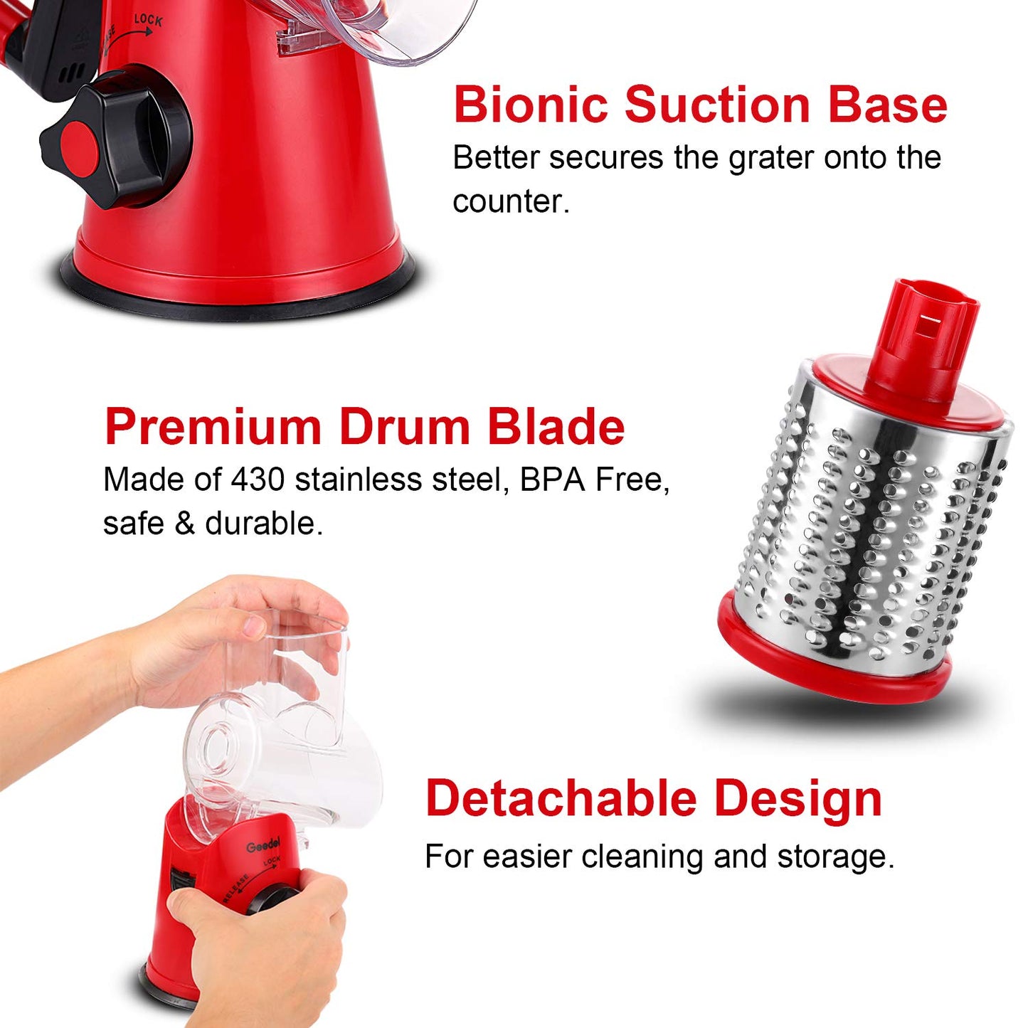 Geedel Kitchen Cheese Grater, Rotary Mandoline Vegetable Slicer with Interchangeable Blades, Easy to Use Rotary Grater Slicer for Fruit, Vegetables, Nuts