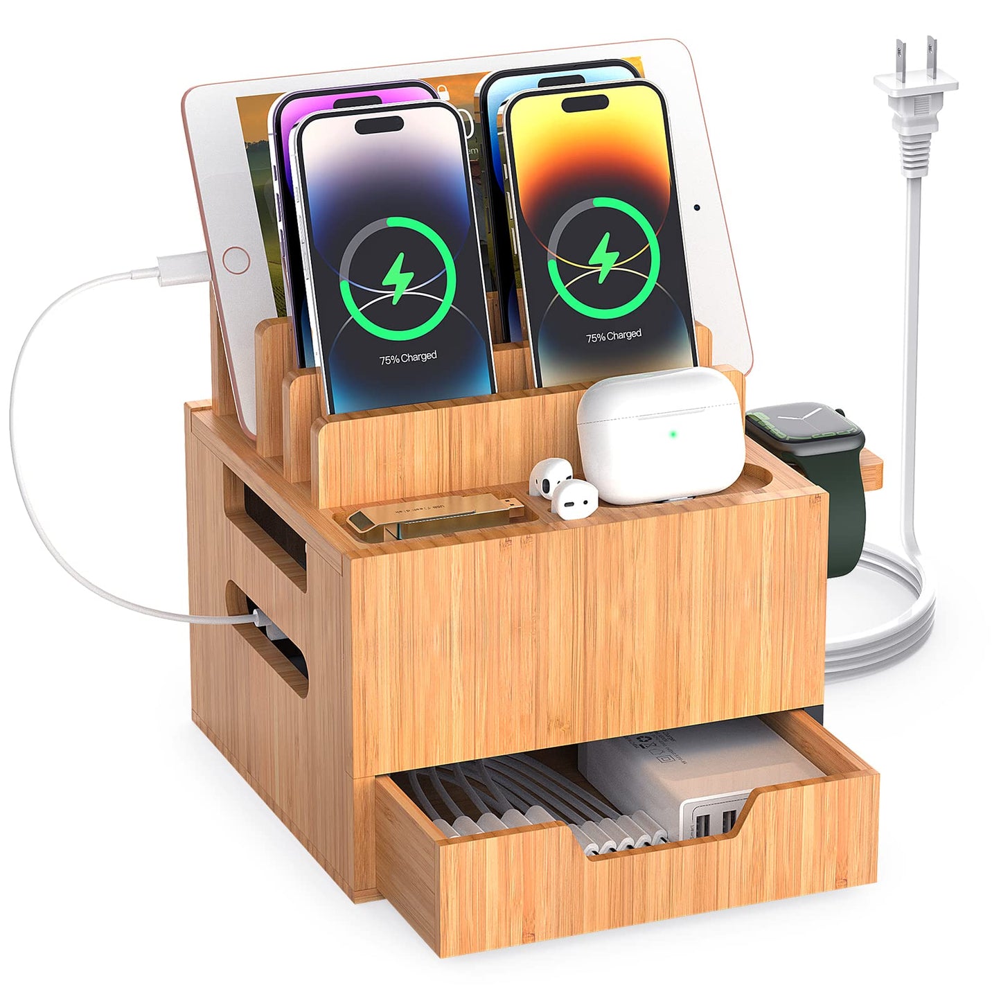 Pezin & Hulin Multi Device Charging Station, with Charger HUB Adapter, All in One Large Dock Organizer Drawer Storage, Compatible with Phones, Tablets, Earbuds (5 Mixed Cables Included)