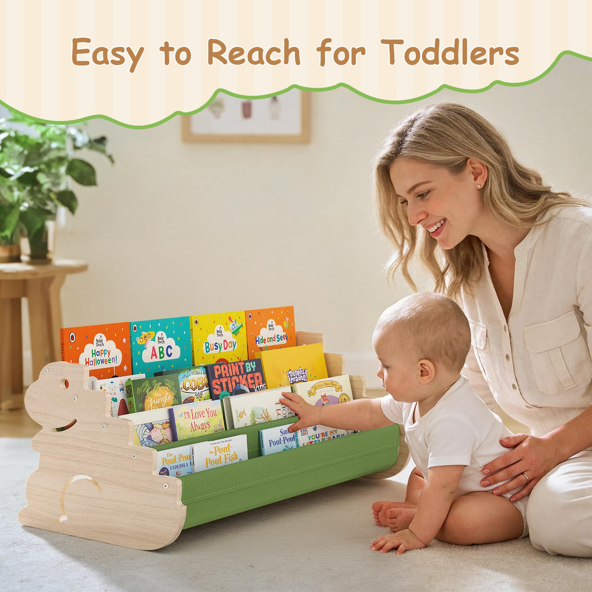 LAMU Bookshelf Kids, 4 Tier Portable Toddler Bookshelf, Solid Wood Kids Book Shelf for Nursery & Playroom, Cute Dinosaur Design Montessori Book Shelf, Toddler Book Display Shelves
