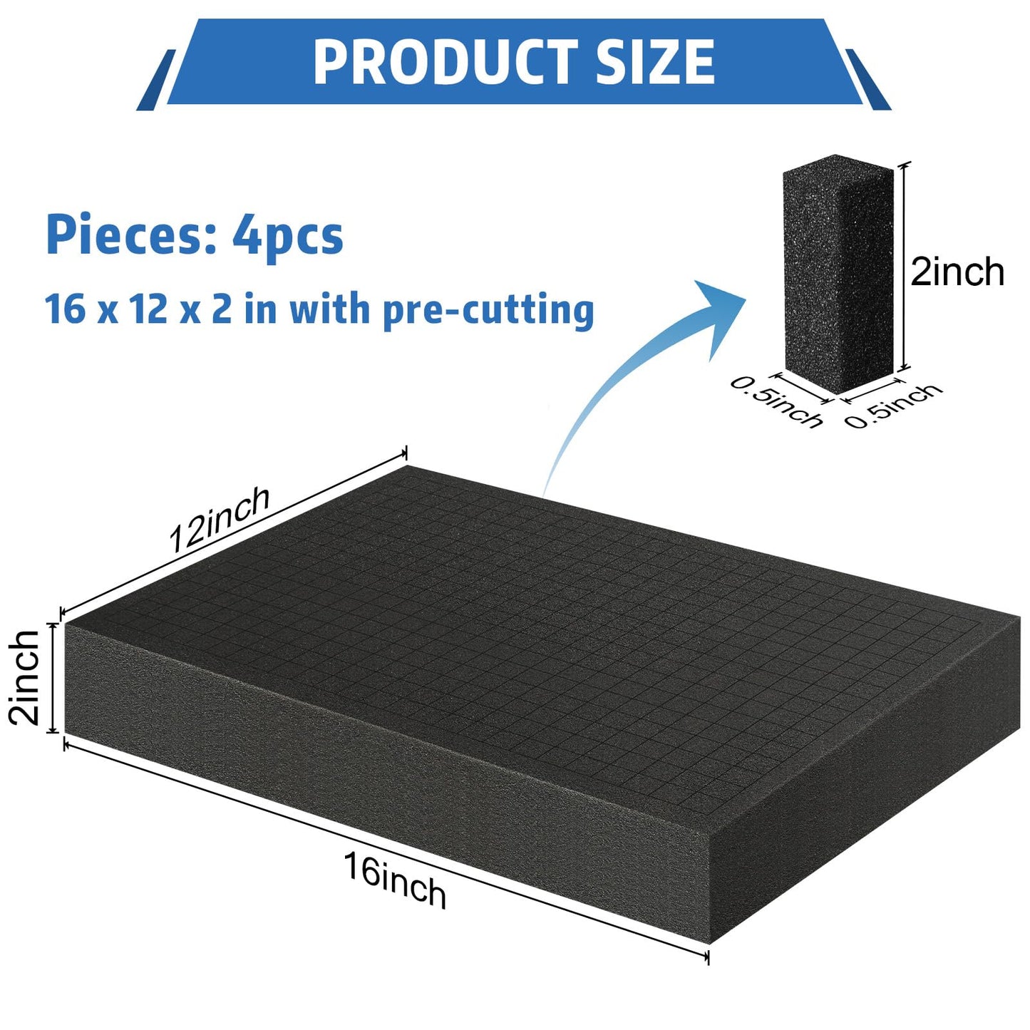 Polyurethane Foam Sheet, Foam Inserts Black foam padding, Pick Apart Sponge Inserts for Cases Packing Padding, Toolbox, Camera Storage,Game Box (4, 16in x 12in x 2in)