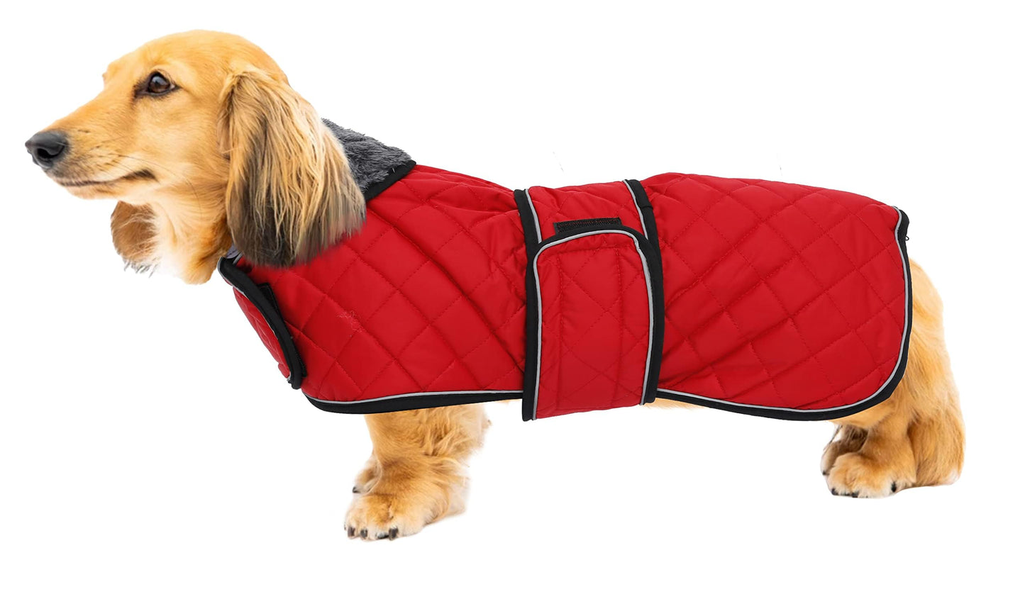 Geyecete Warm Thermal Quilted Dachshund Coat, Dog Winter Coat with Warm Fleece Lining, Outdoor Dog Apparel with Adjustable Bands for Medium, Large Dog-Red-XS