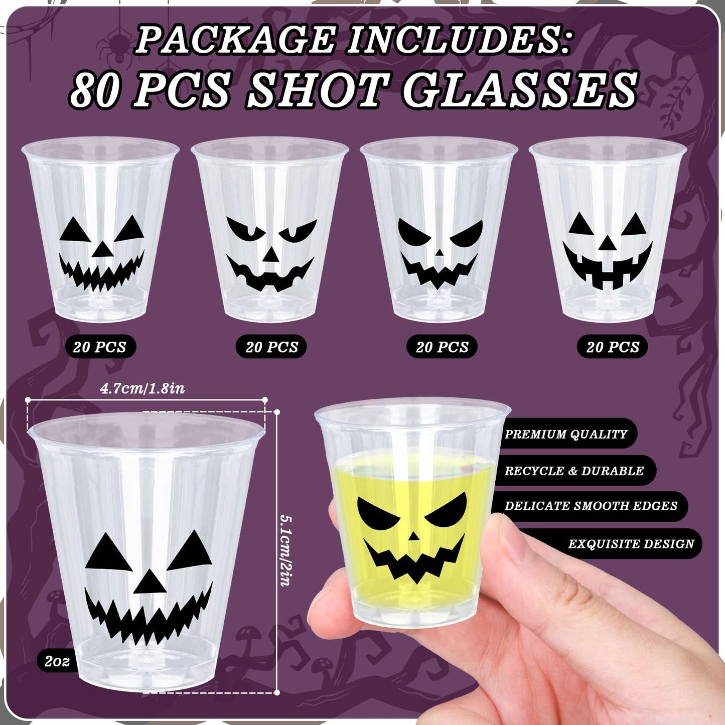 Whaline 80Pcs Halloween Plastic Shot Glass Bulk 2Oz Funny Pumpkin Face Mini Shot Cups Disposable Clear Drinking Tasting Sample Cup for Trick or Treat Party Supplies
