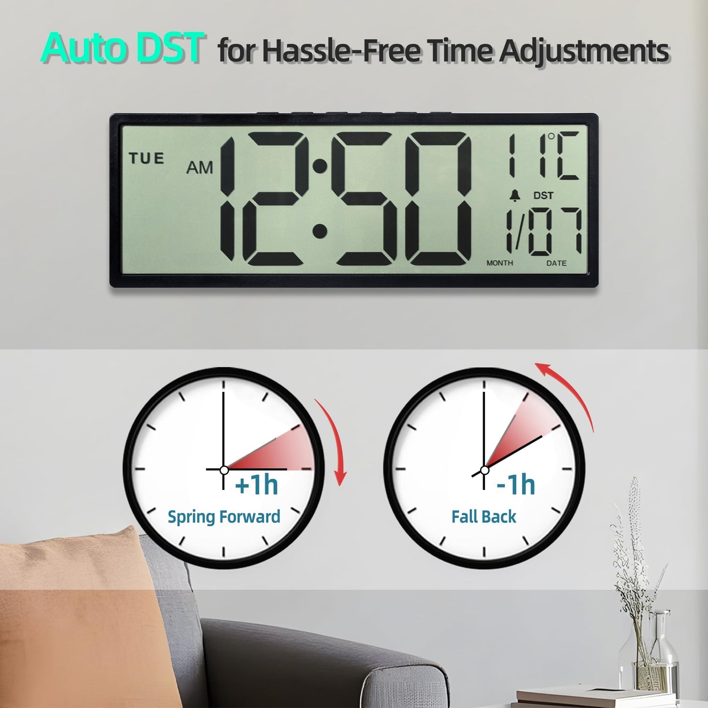 Mee 2ou Digital Wall Clock Battery Operated, 15" Digital Clock Large Display With Date And Day Of Week, Large Number Digital Clock With Temperature, Auto DST, Alarm, Snooze, 12/24-hour For Desk Office