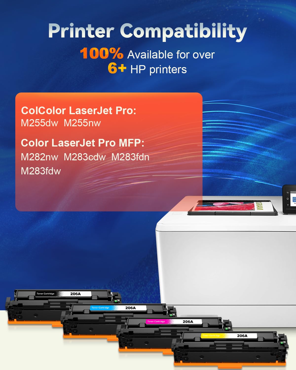 (with Chip) 206A Toner Cartridges, M283fdw Toner Replacement for HP 206A 206X 206 A 206X W2110A Work with HP Color MFP M283fdw M283cdw M283 Pro M255dw M255 Series Printer Toner (B/C/Y/M, 4 Pack)