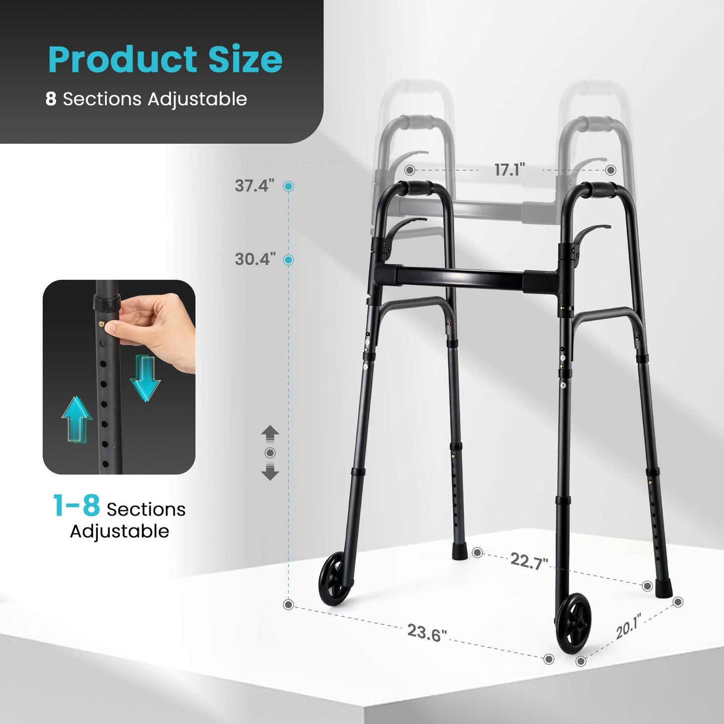 Careboda Lightweight Folding Walker with 5" Fixed Wheels, Portable Medical Walker with Adjustable Height and Trigger Release for Seniors and Adults, Aluminum Frame Supports up to 300 lbs, Charcoal Grey