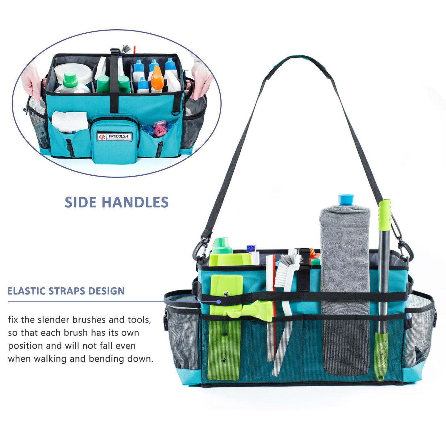 FRECOLSH Large Cleaning Supplies Organizer-Cleaning Caddy Organizer With Handles & Shoulder Strap-Cleaning Bags for Cleaning Suppliers-Housekeepers Wearable Cleaning Tote 2023 Upgraded, Teal