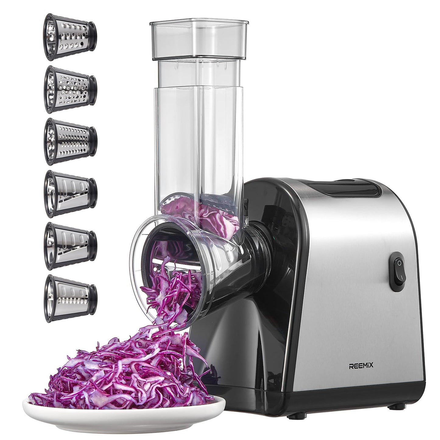 Reemix Electric Cheese Grater, Electric Food Grater with 6 Interchangeable Blades – Slicing, Shredding & Zesting | Stainless Steel Blades, Fast, Effortless Meal Prep for Home Cooks