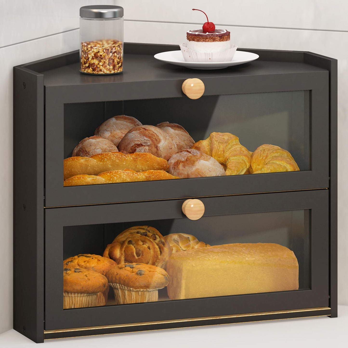 JANSNIMEN Corner Black Bread Box for Kitchen Countertop, Large Wooden Bamboo Bread Container Farmhouse Bread Box with Window and Bread Holder