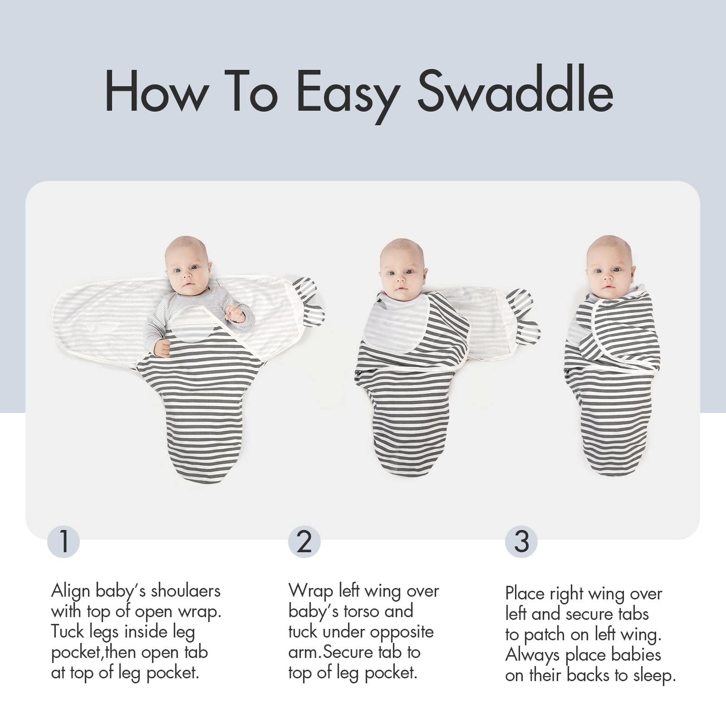 GLLQUEN BABY Swaddle Blankets for Baby Boy Girl, 3-6 Months, Gray Elephant Star & Stripe, 3 Pack Wrap Set, Newborn Adjustable Swaddles Sleep Sack,(Medium/Large)