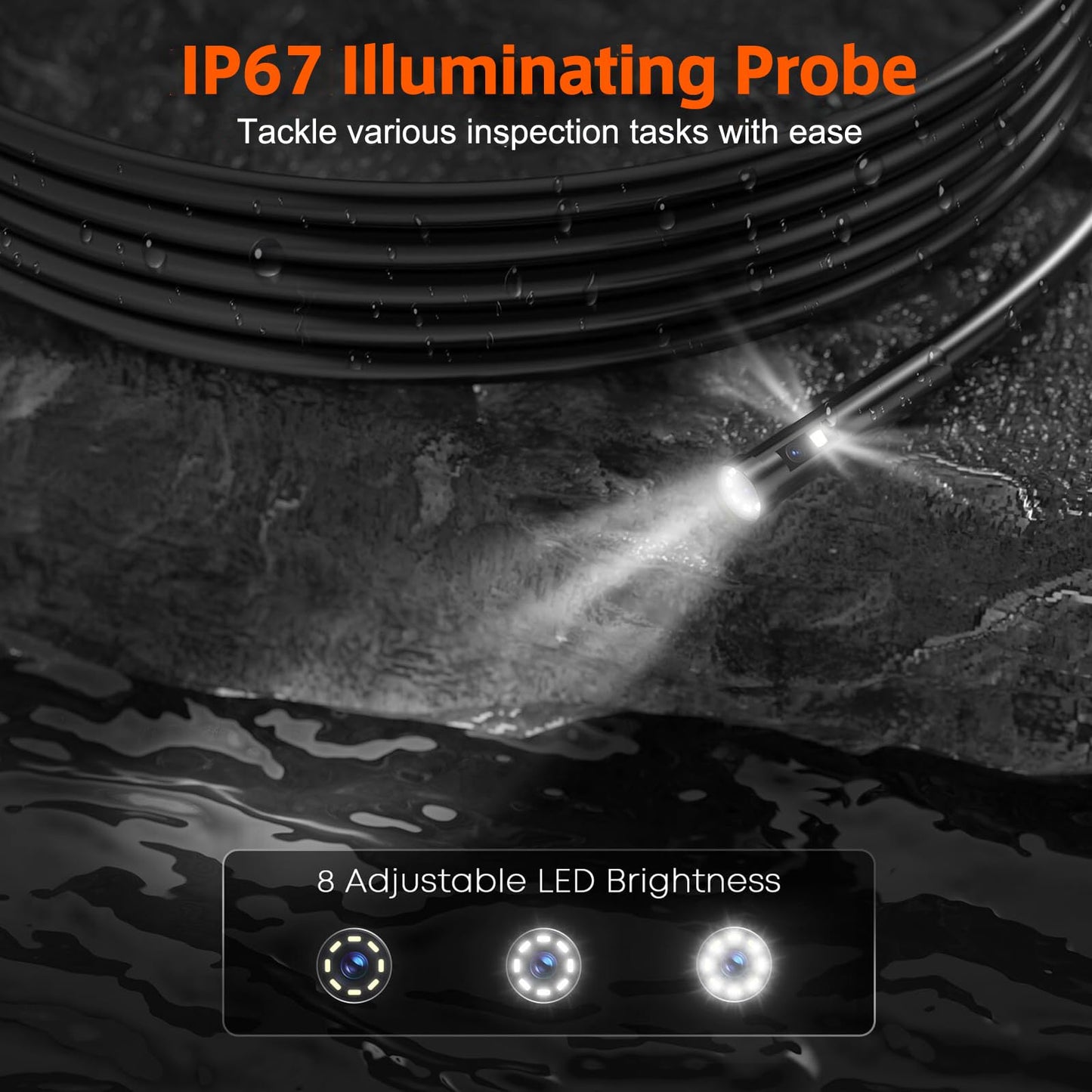 50FT Triple Lens Sewer Inspection Camera, 5" IPS Screen Industrial Borescope, 1080P HD Endoscope With Light, IP67 Drain Pipe Snake, Split Screen, 32G Storage Card, Carrying Case