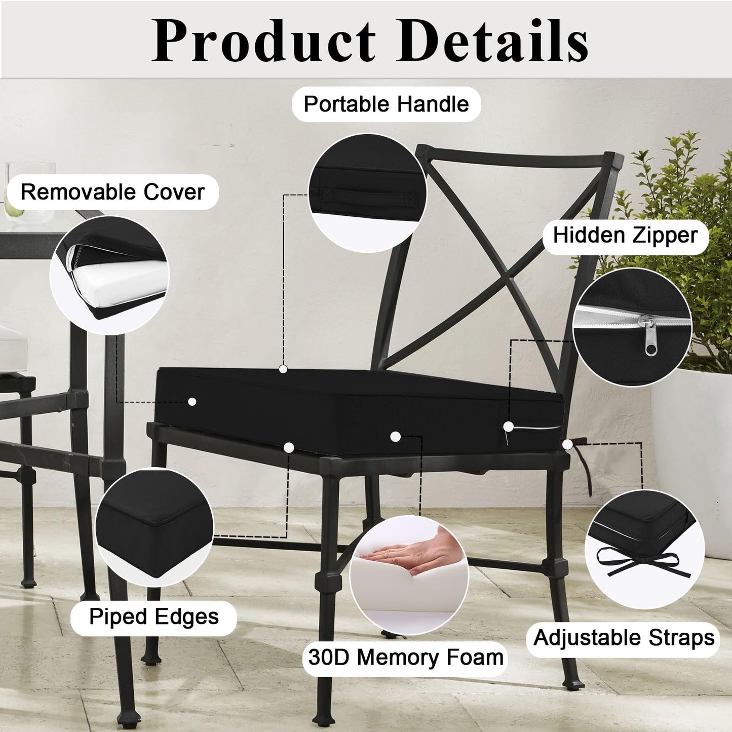 MJIAIDEA Outdoor Chair Cushions Set of 2 for Patio Furniture 19x19x4 Inch Waterproof Patio Chair Cushion 3 Year Color Fastness Square Elastic Foam Garden Couch Pads with Ties and Handle,Black
