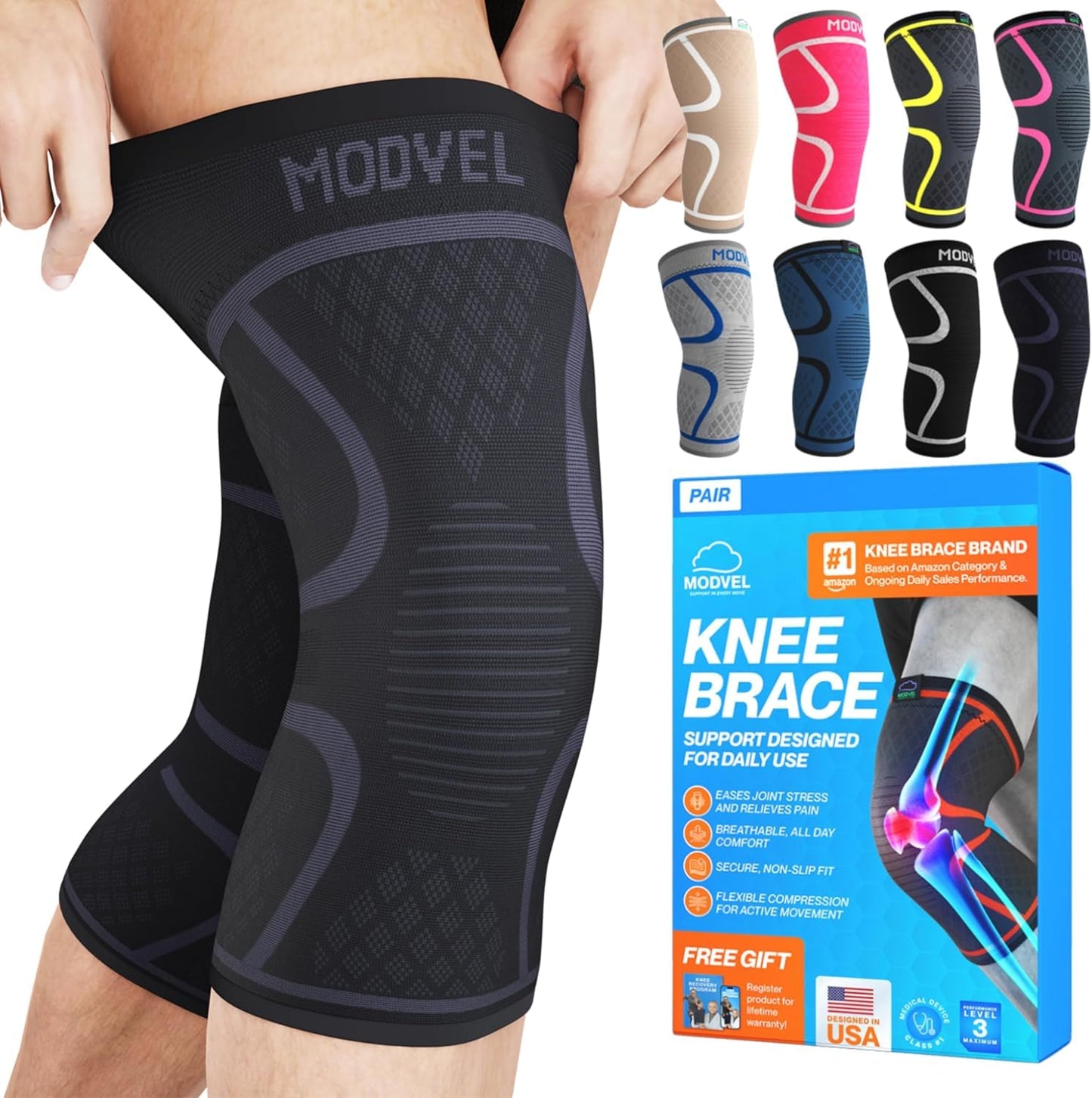 MODVEL Compression Knee Braces for Men & Women - XS to XXX-L Pair of Knee Braces for Knee Pain, Support Sleeve, Workout Sports Knee Braces for Meniscus Tear, ACL & Arthritis Pain Relief