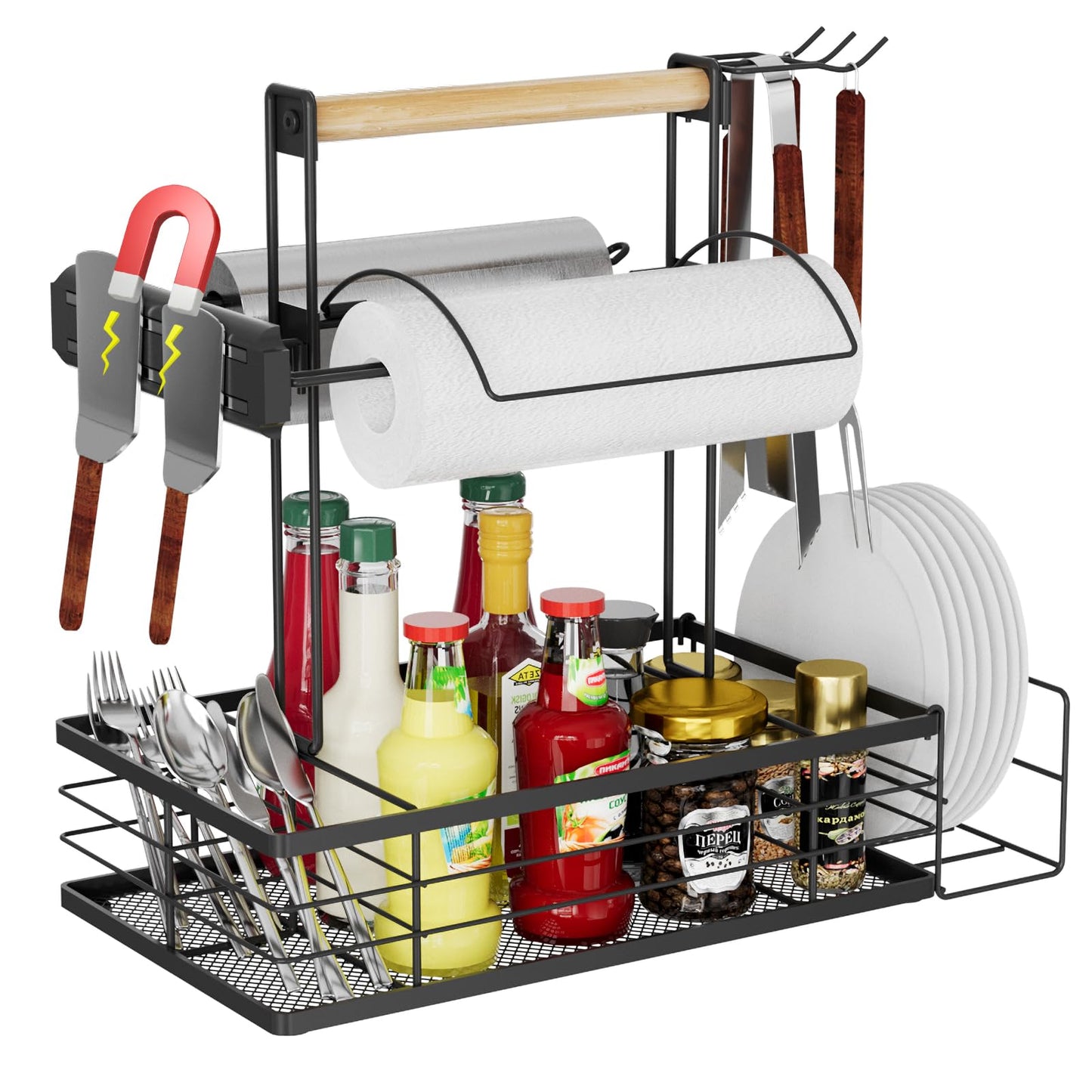 NEYCIL Grill Caddy, BBQ Caddy with Magnetic Tool & Paper Towel Holders, Picnic Utensil Condiment Caddy, Barbecue Grill Tool Organizer for Outdoor Camping, Cooking, Camper