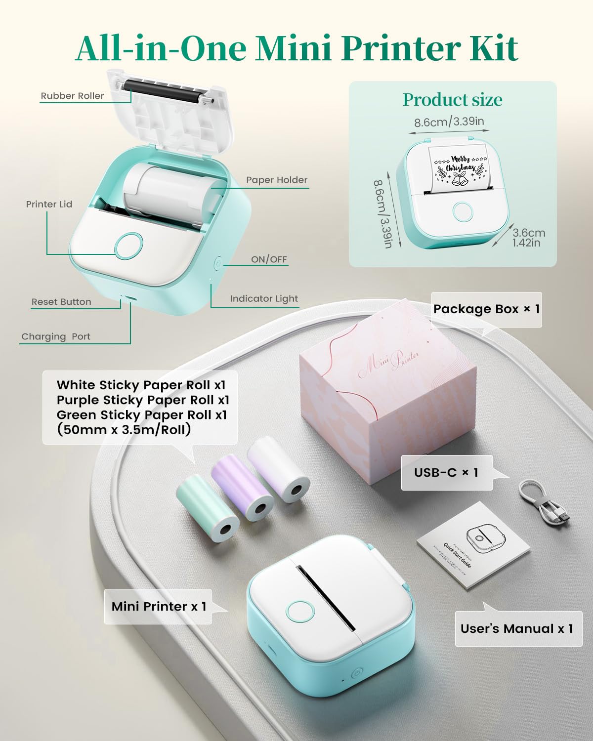 Memoking Mini Sticker Printer - T02 Portable Thermal Printer Inkless Photo Printer Bluetooth Sticker Maker for Kids Print Pods Instant Print, Smart AI APP, for Student Study Note, Journal, DIY, Gift