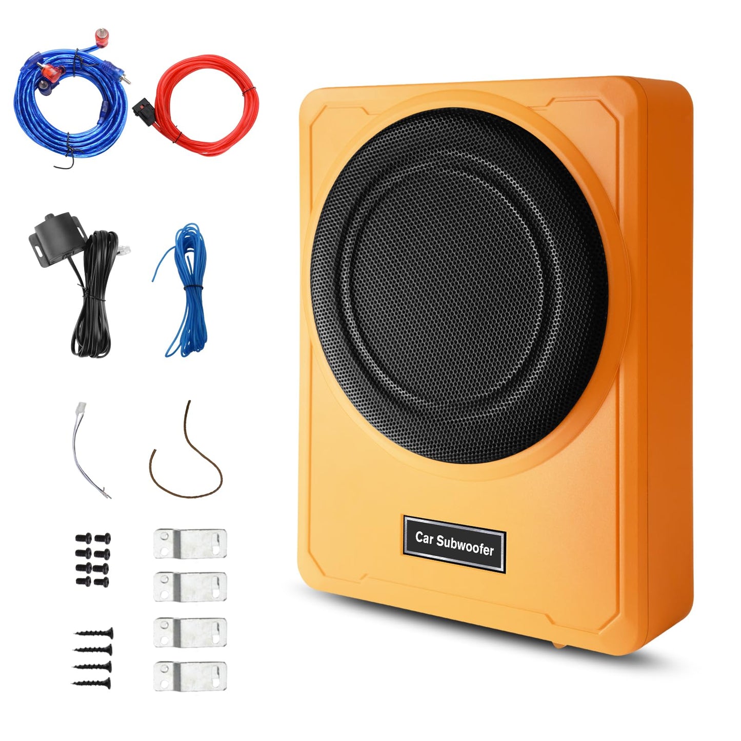 10" 800W Powered Car Subwoofer with Built-in Amplifier, 220W RMS, 20Hz-150Hz, Slim Under Seat Design, High/Low Level Input, Ideal for Cars and Trucks 2025 (Subwoofer + Mounting Wire Kit) Orange