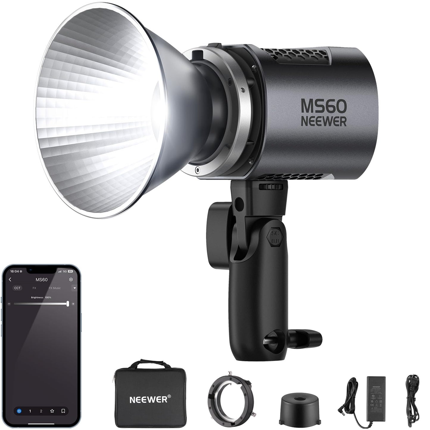 NEEWER MS60 LED Video Light with 2.4G/APP Control, 65W 5600K Daylight Mini COB Continuous Output Lighting, 40000lux/1m, CRI 97+/TLCI 98+, 9 Scenes, 0-100% PWM Dimming, Bowens Mount Adapter