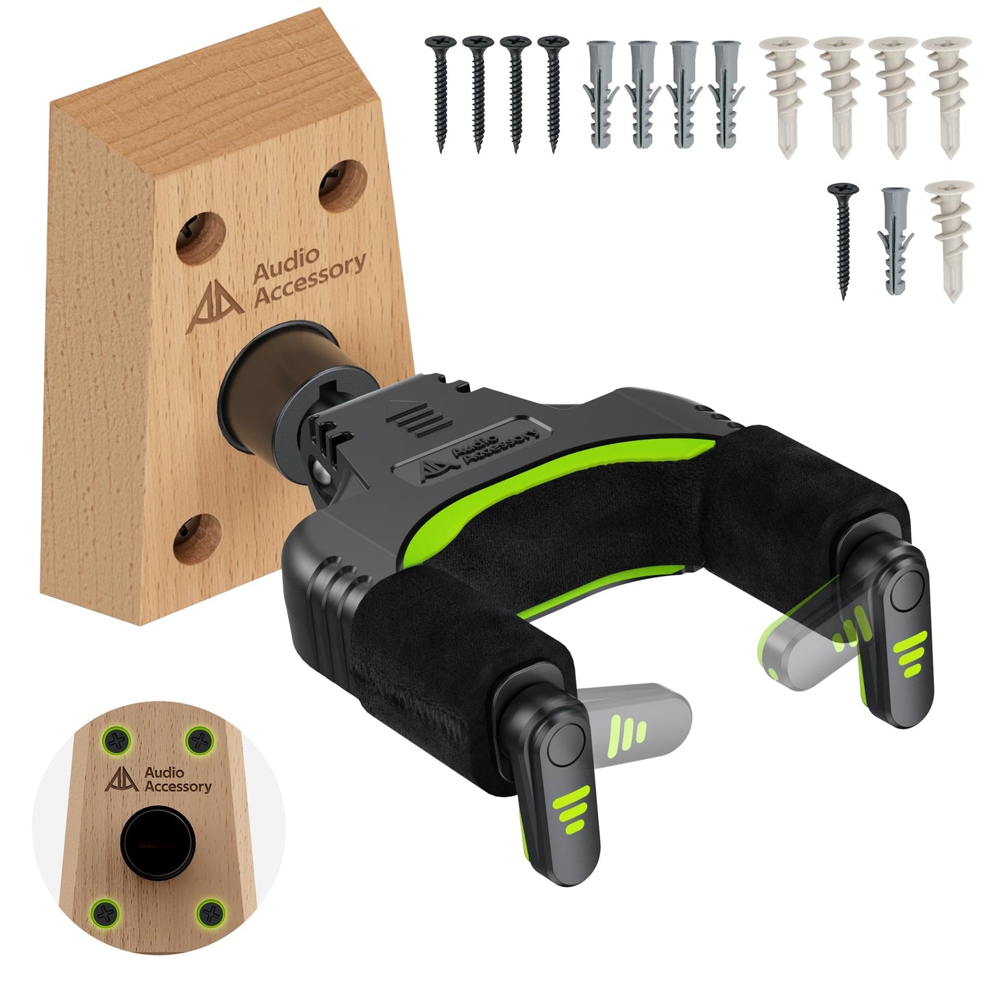 AA AUDIO ACCESSORY Guitar Wall Mount Autolock - Nitro Friendly Velvet Hook (Heavy-Duty Design) 4-Screw Wood Base of 20lbs Load Guitar Wall Hanger for Bass, Acoustic, Classical, Electric Guitar