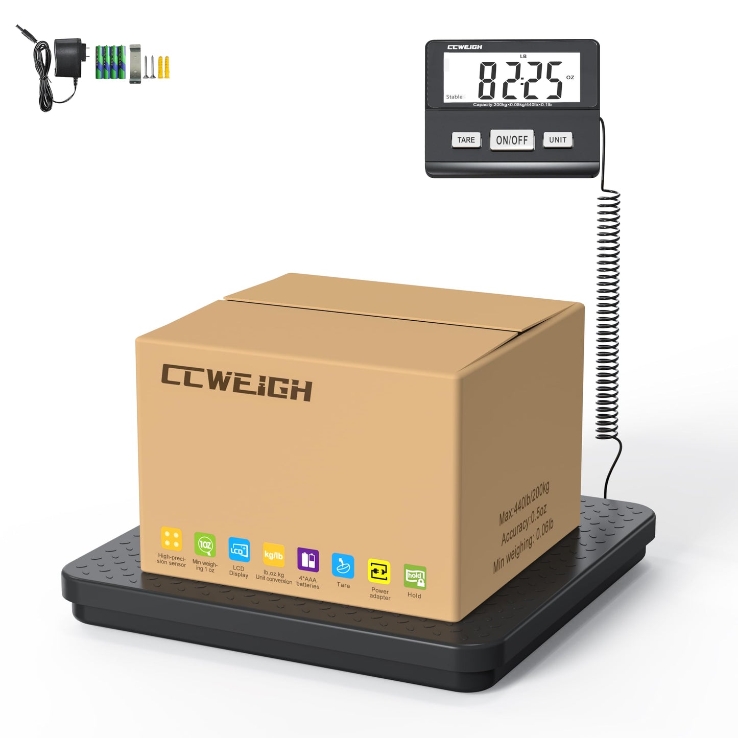 CCweigh Digital Shipping Scale with LCD Display, 440lb x 1.76oz Precision, for Packages Luggage Parcels, Home & Small Business Use, Includes AC Adapter, Postal Scale