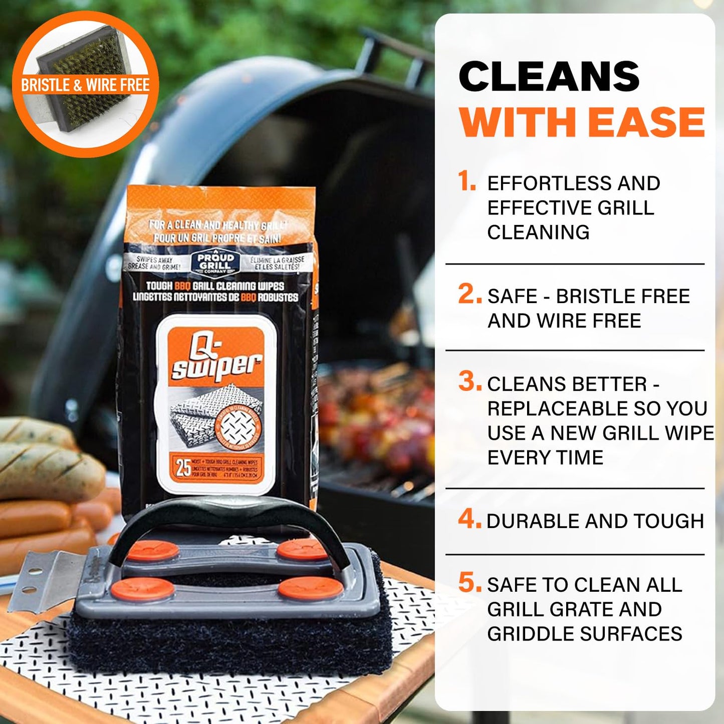 Q-Swiper BBQ Grill Cleaner Set - 1 BBQ Brush with Scraper and 80 Grill Cleaning Wipes | Bristle Free & Wire Free | Safe Way to Remove Tough Grease and Grime