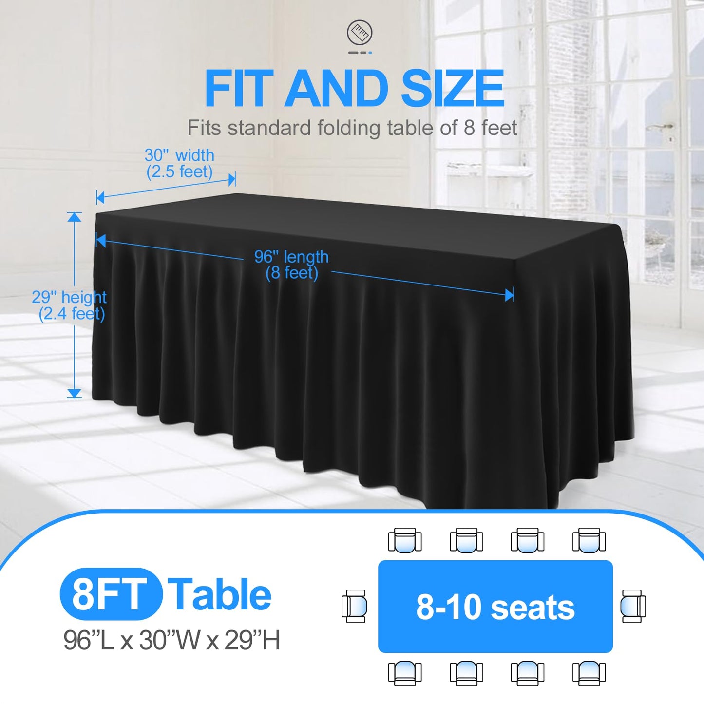 EMART Black Rectangle Table Skirt for 8ft, Spandex Tablecloth Cover for Banquet Wedding Birthday Party