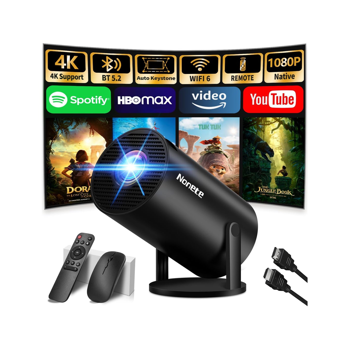 [2026 Upgraded] Mini Projector Support 4K 1080P FHD Auto Keystone 270° Rotatable with WiFi 6 and Bluetooth 5.2 Projector Portable Compatibile with HDMI/TV Stick/Memory Stick/Laptop,Black
