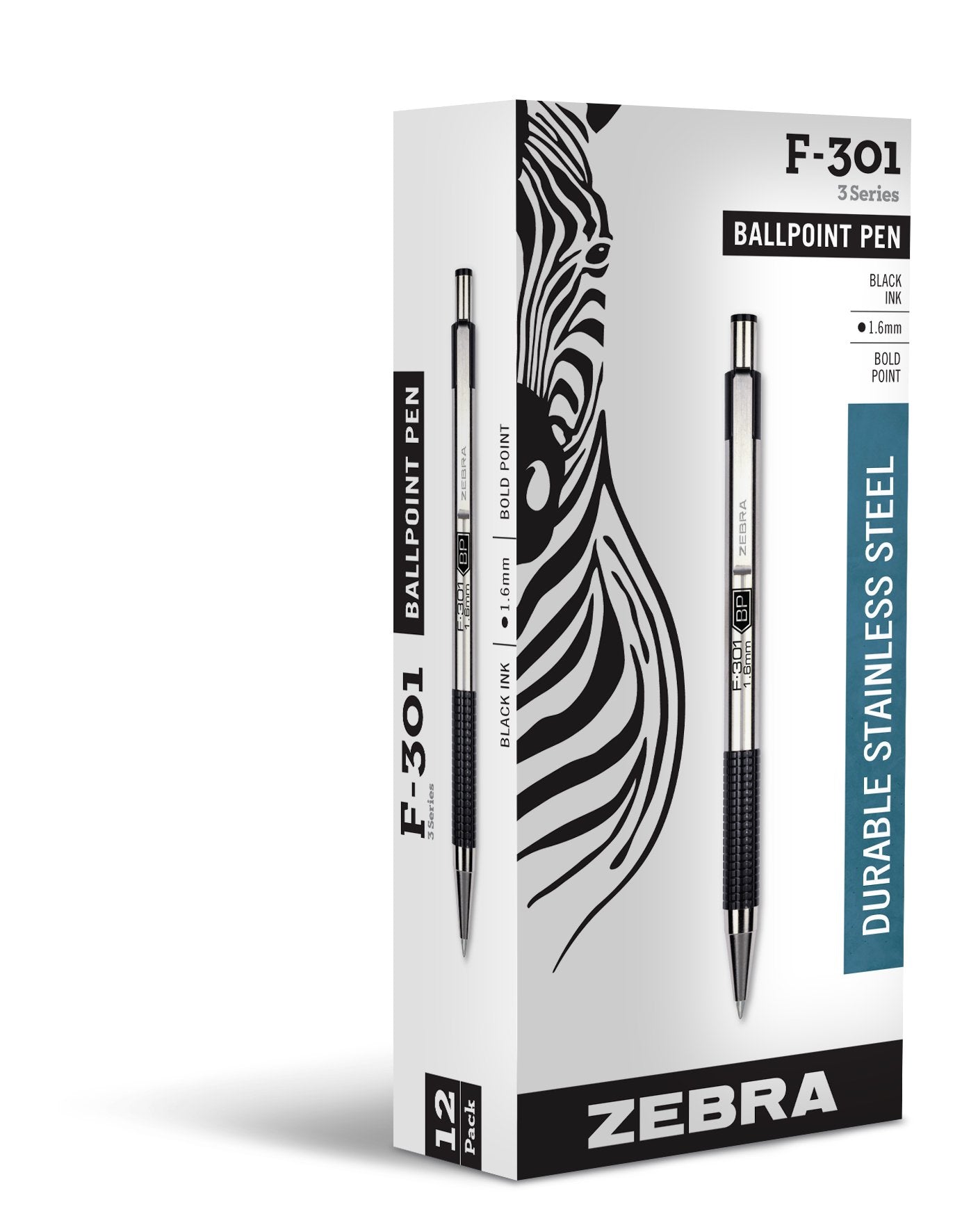 Zebra Pen F-301 Bold Retractable Ballpoint Pen, Black Ink, 1.6mm, Box of 12 (27310), Stainless Steel