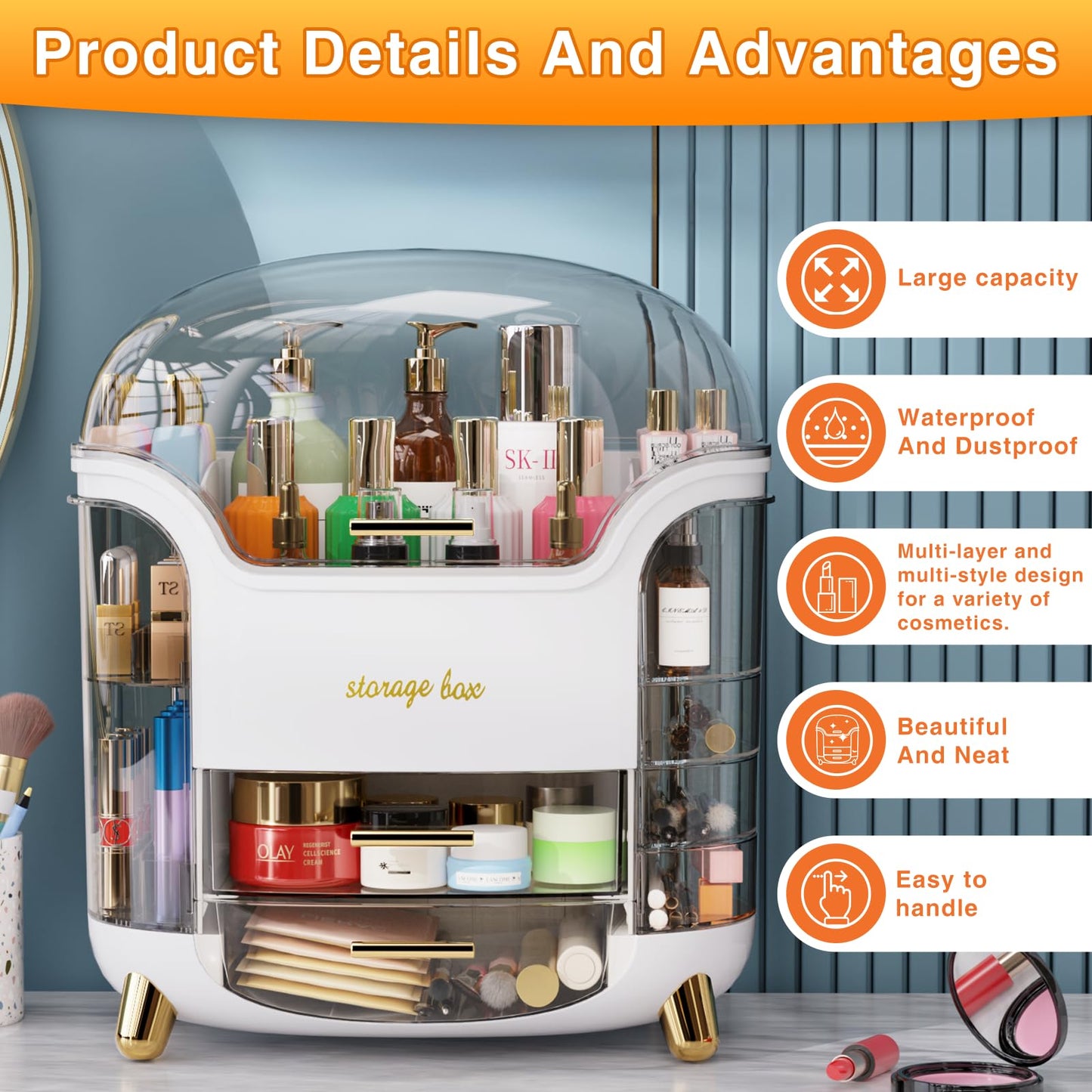 Large Capacity Makeup Organizer Countertop Vanity Organizer Waterproof & Dustproof Skincare Storage For Bedroom Bathroom Multi-style Clear Lady
