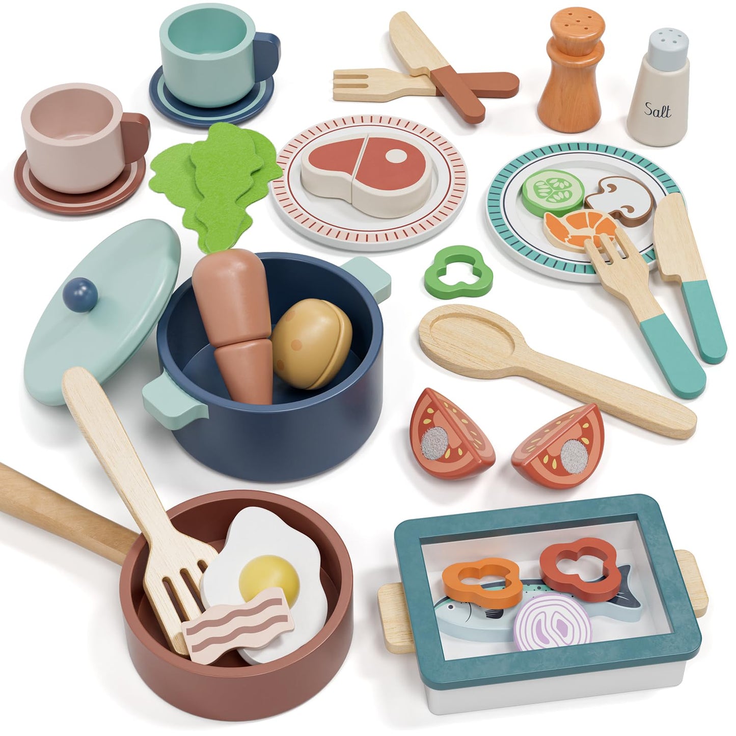 Lehoo Castle Wooden Play Kitchen Accessories, Play Pots and Pans Sets for Kids, Play Food Sets for Kids Kitchen, CookingToys Play Dishes for Toddlers 3-5 Girls