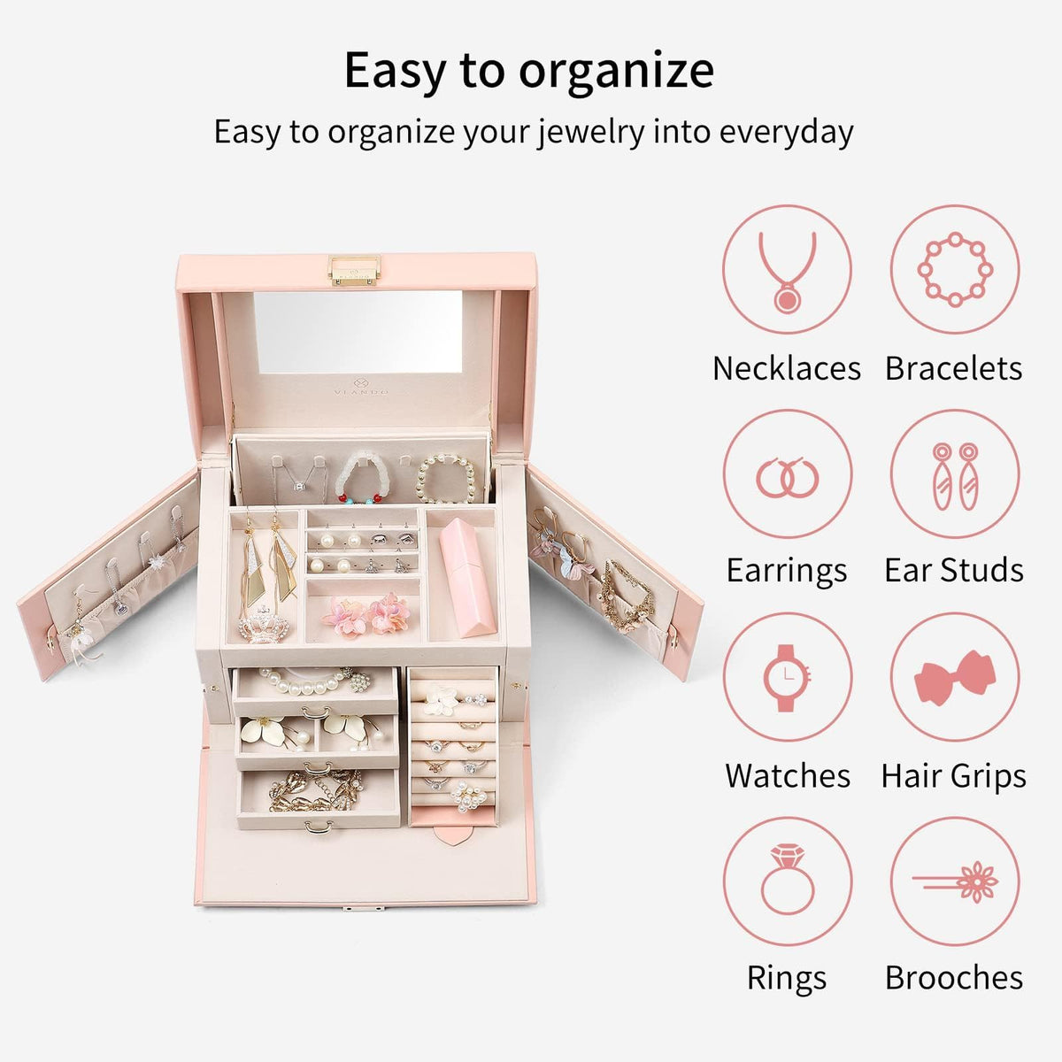 Vlando Jewelry Box Organizer for Girls Women, Large Baroque Jewelry Storage Box with Mirror,Drawers for Bracelets, Earrings, Rings, Necklaces, Mothers Day Difts for Loved One, Pink