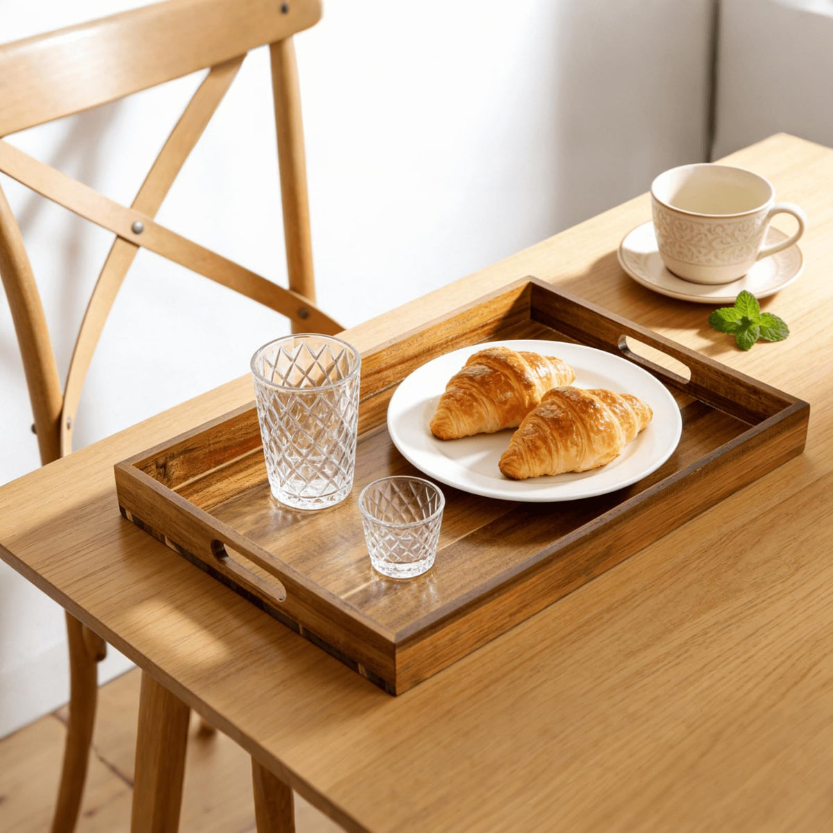 YOUEON 2 Pack 44x30cm Acacia Wood Serving Tray with Handles, Large Wooden Tray for Ottoman, Breakfast in Bed, Dinner, Coffee Table, Perfect for Living Room, Bedroom