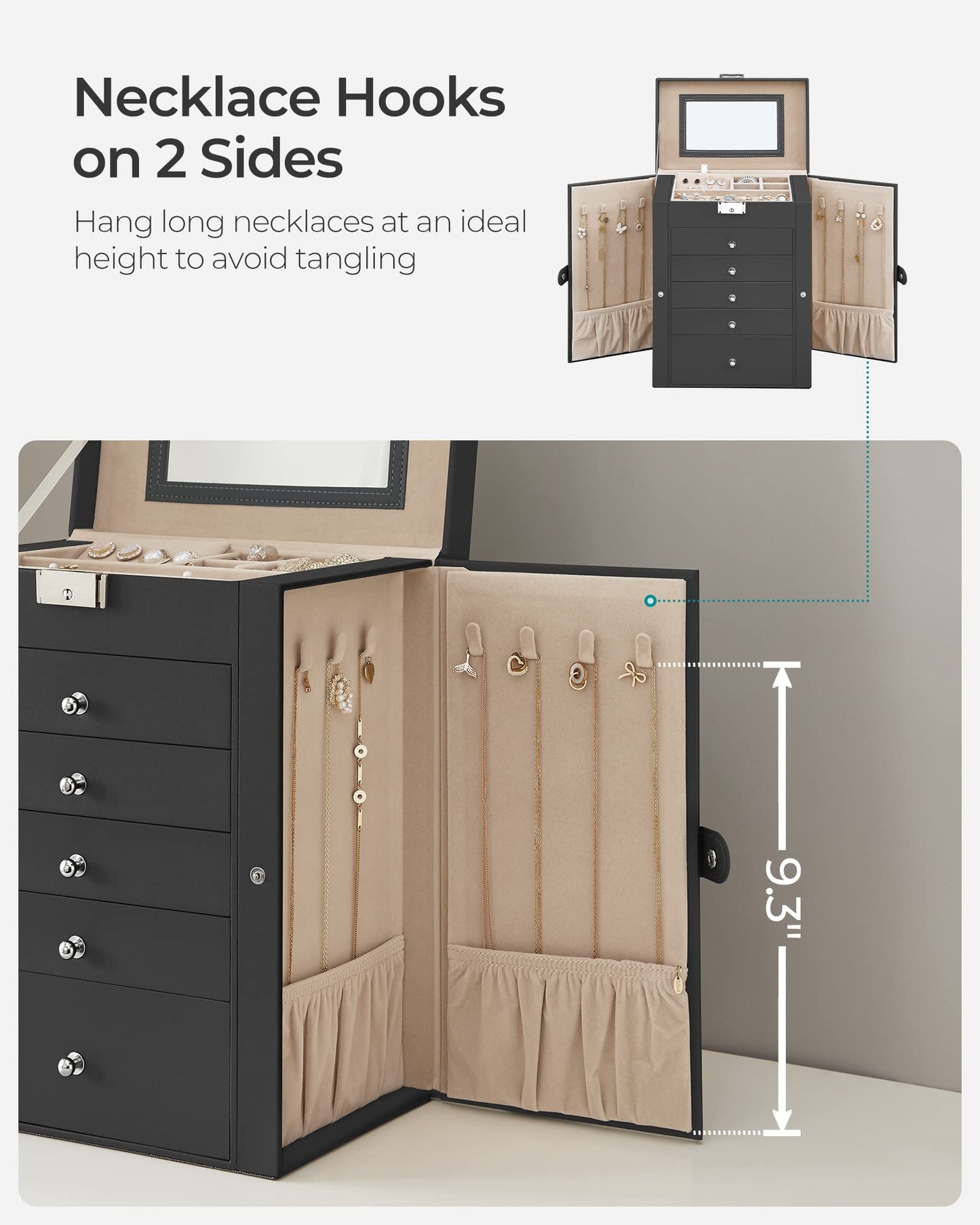 SONGMICS 6-Tier Jewelry Box Organizer with 5 Drawers, Lockable Jewelry Storage Case with Mirror, Necklace Hooks, Watch Storage, Large Capacity, Gift for Loved Ones, Black UJBC152B01