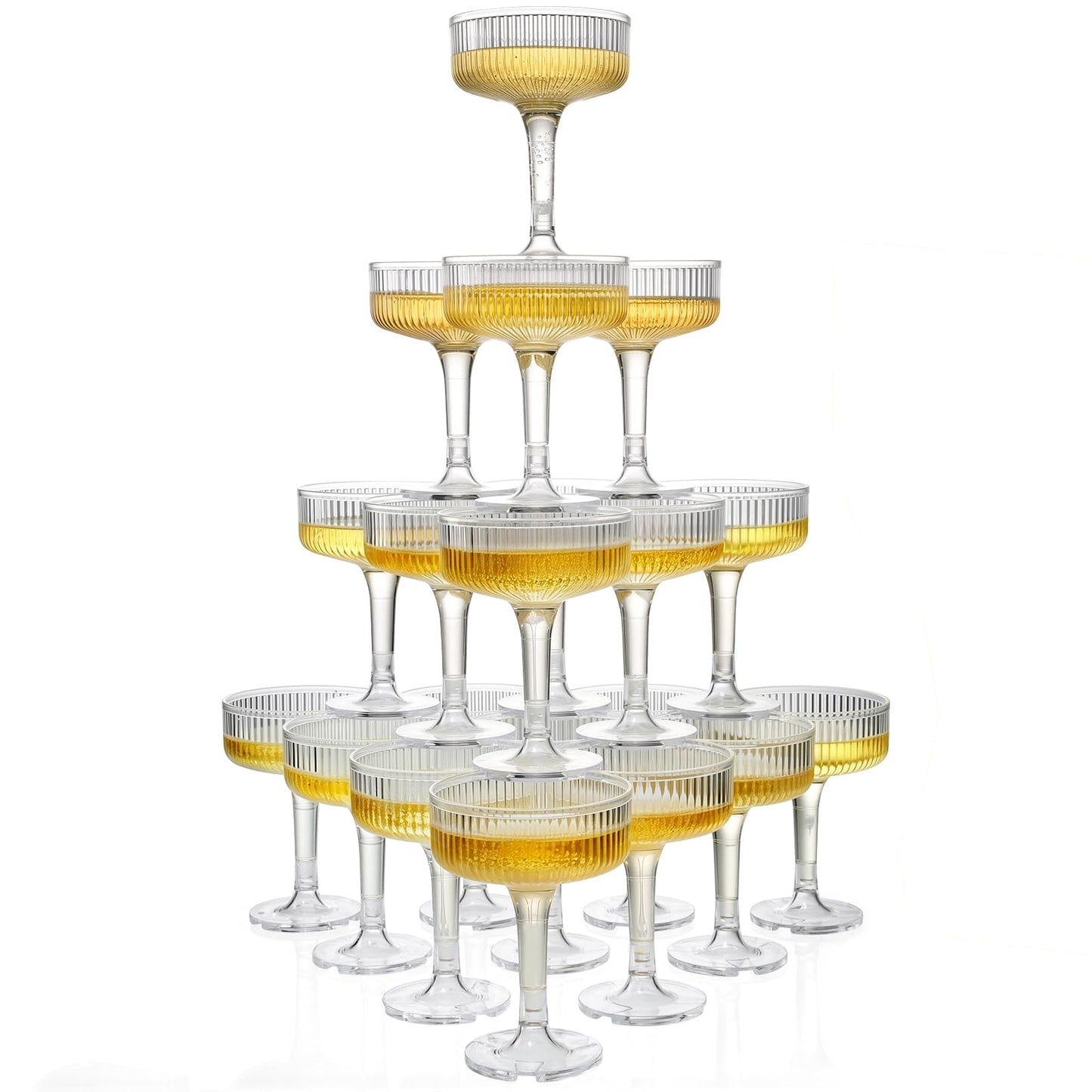 Goodluck Champagne Tower 4-Tier, 7oz Set of 20 Clear Champagne Flutes Plastic,Butterfly Shape with Vertical Stripes for Weddings, Celebrations, Parties & Birthdays
