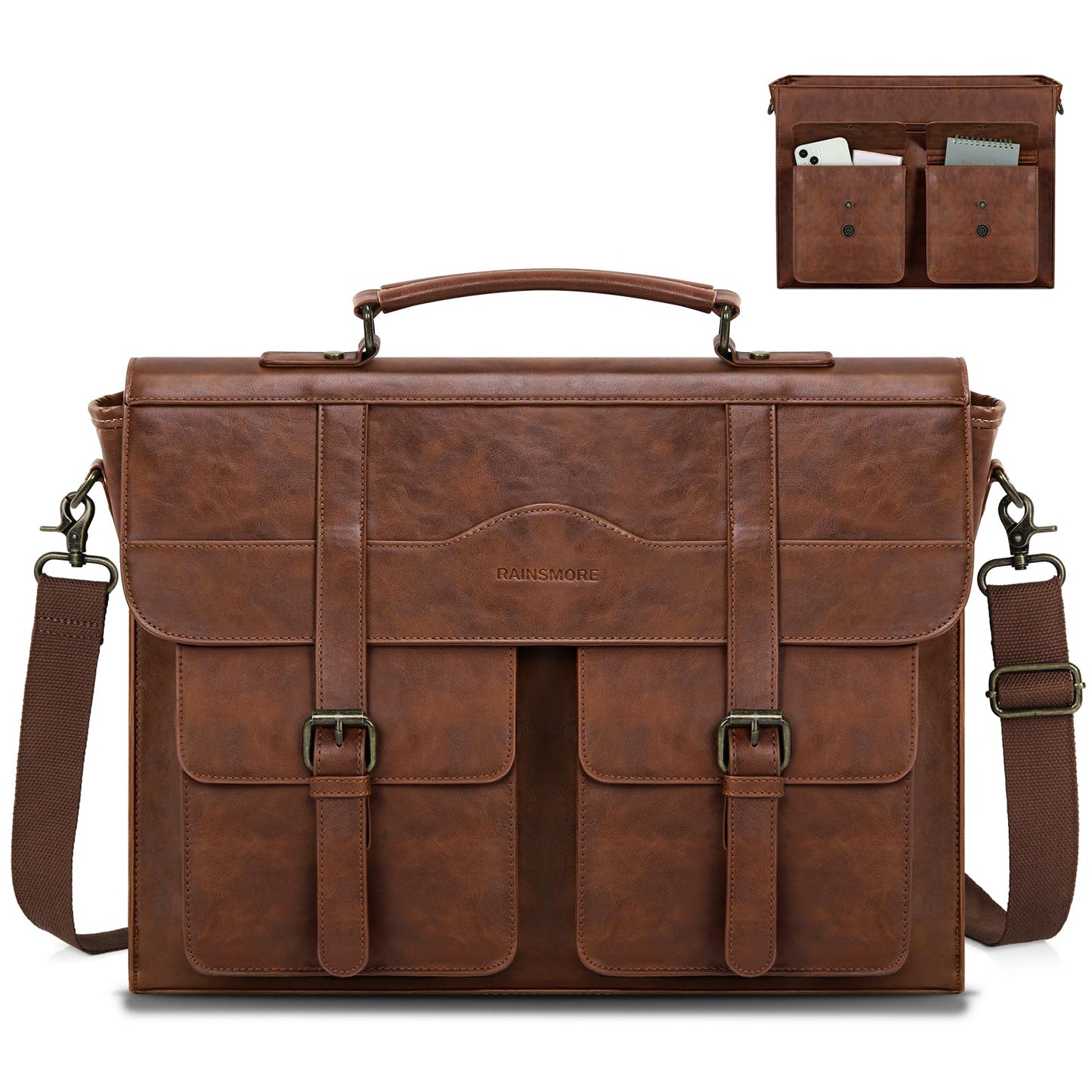 RAINSMORE Mens Messenger Bag 17 Inch Leather Laptop Briefcase Satchel Computer Shoulder Bag for Business Travel Work College, Brown