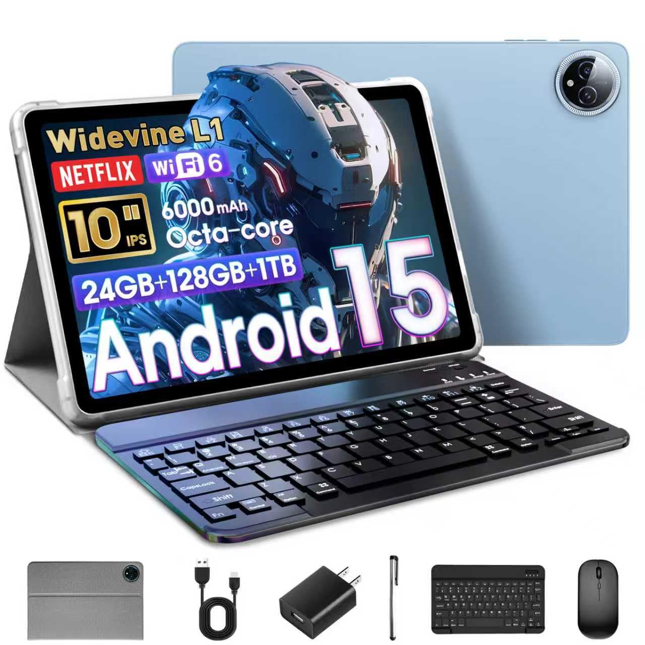 Android 15 Tablet 10 Inch, 24GB RAM+128GB ROM/1TB Expandable, 1.8GHz Octa-core CPU, 1280x800 IPS HD Display, WiFi 6, BT 5.4, 5+8MP Camera, 2 in 1 Tablets with Keyboard Case Mouse Stylus