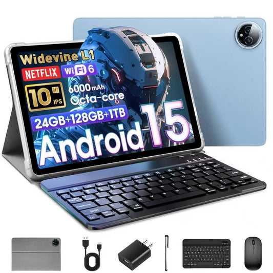 Android 15 Tablet 10 Inch, 24GB RAM+128GB ROM/1TB Expandable, 1.8GHz Octa-core CPU, 1280x800 IPS HD Display, WiFi 6, BT 5.4, 5+8MP Camera, 2 in 1 Tablets with Keyboard Case Mouse Stylus