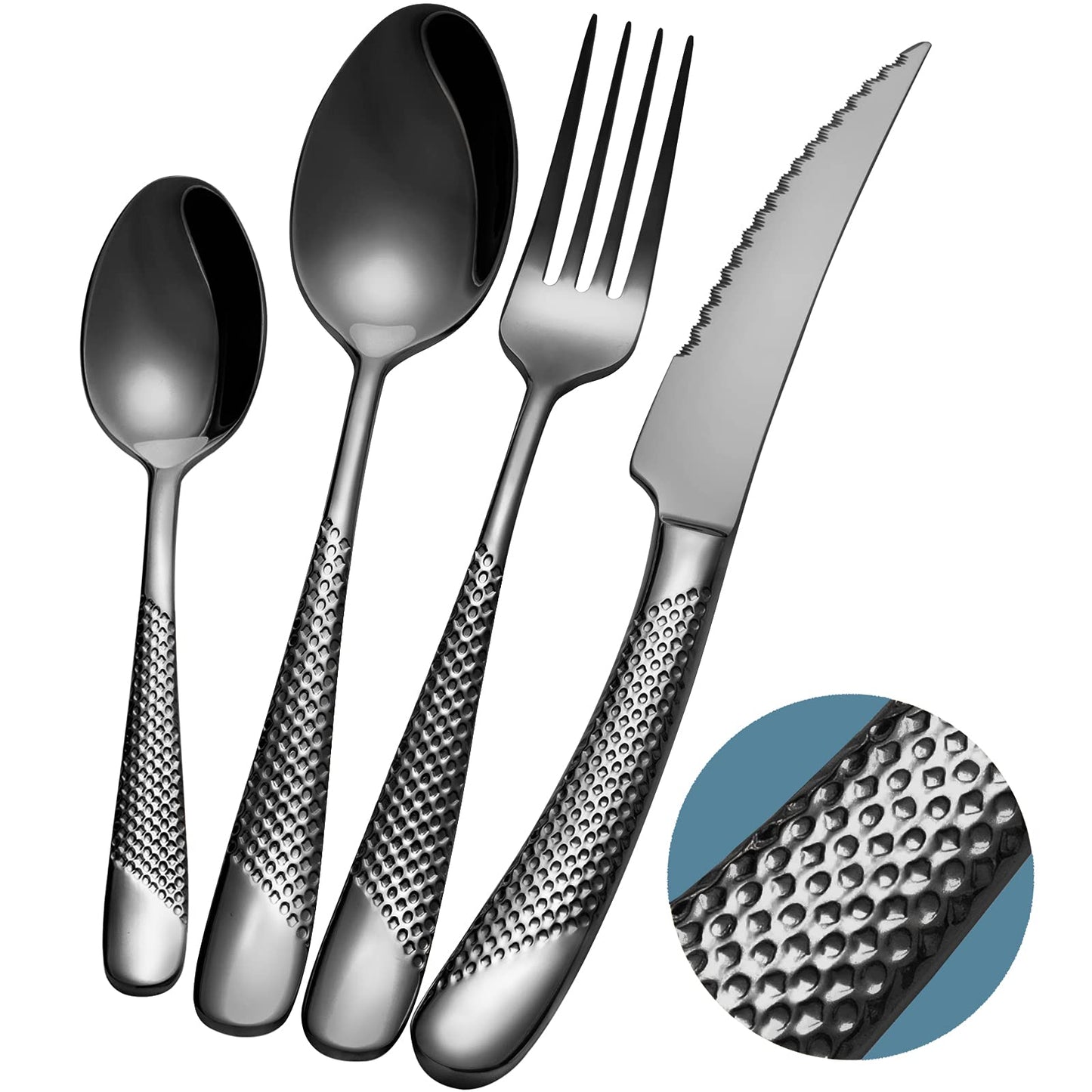 Xideman Modern Black Hammered Silverware Set with Ultra Sharp 2-in-1 Serrated Knive, 16-Piece Stainless Steel Flatware, Titanium Plated 18/10 Cutlery Set Service for 4, Dishwasher Safe