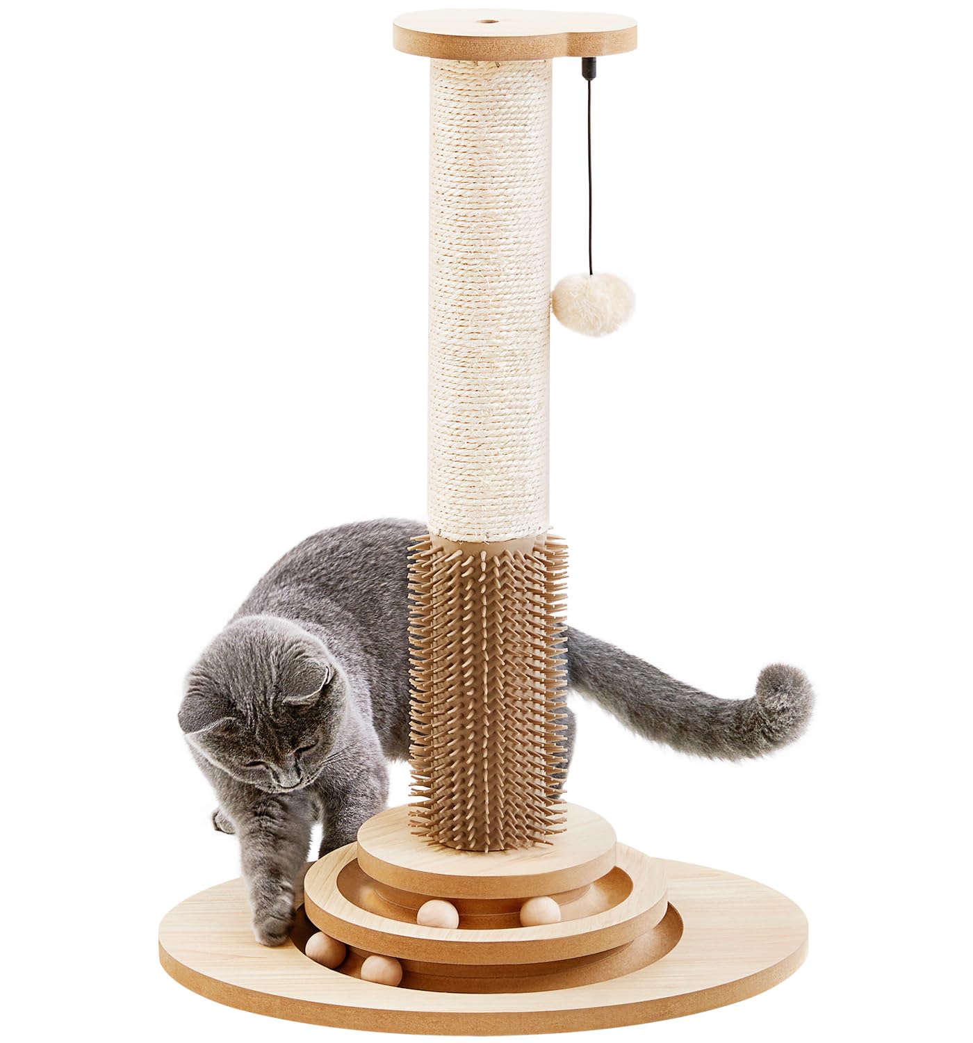 Made4Pets Wooden Cat Scratching Post with Interactive Toys & Brush Scratching Post for Indoor Cats/Kitten Toys 23" Tall Cat Scratcher with Dangling Plush Balls Modern for Medium/Small Cats
