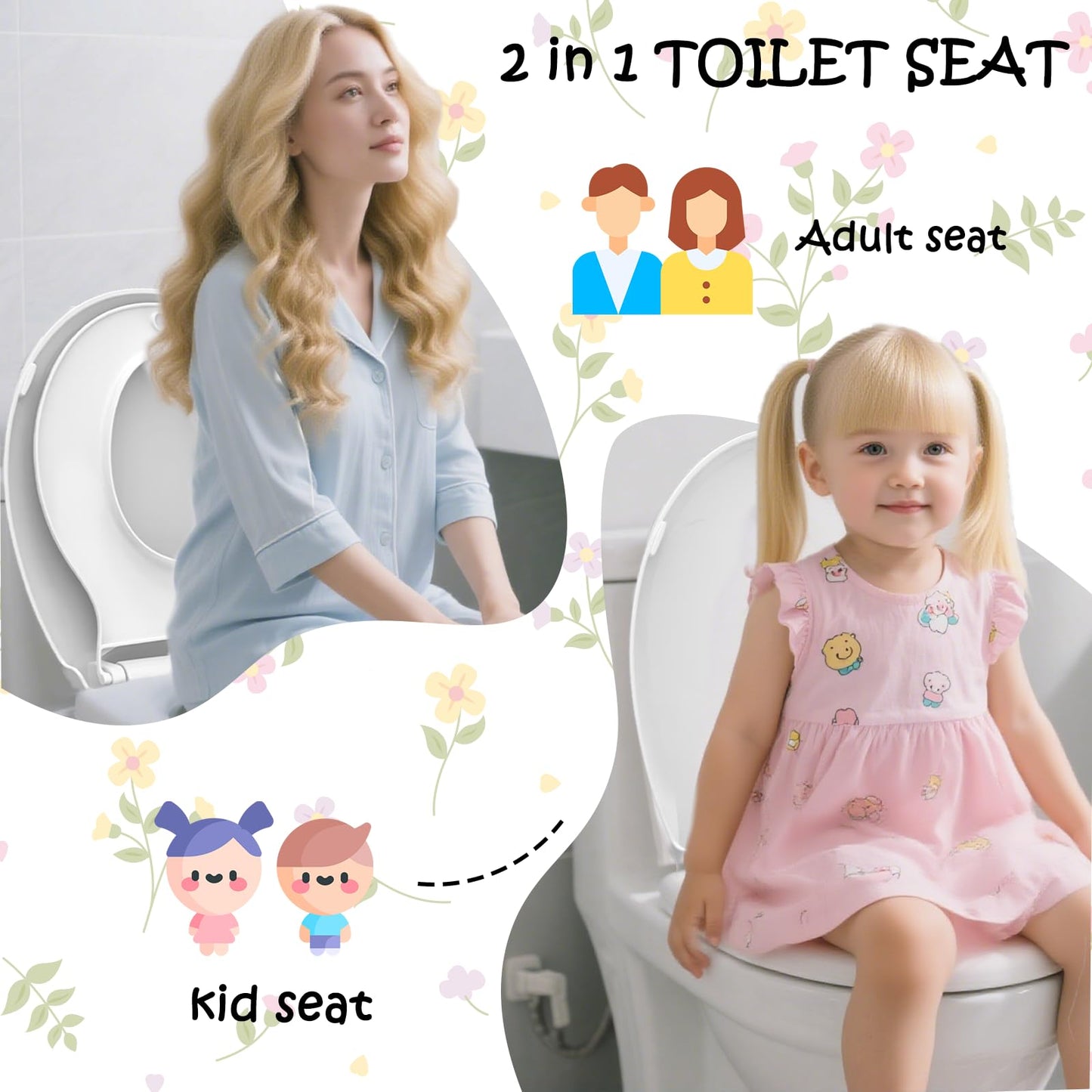 Aünsffer Potty Training Toilet Seat Round 2 in 1, Family Toilet Seat with Built-in Child Seat, Soft Close + Quick Release, Quiet and Easy Clean, Upgraded Plastic, White