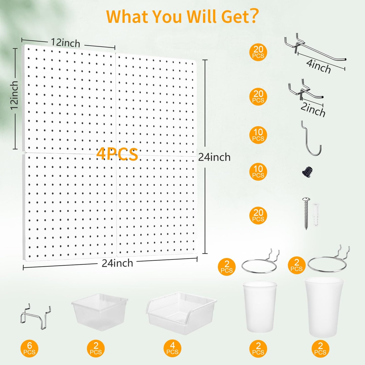 FZK Peg Board Kit, 4 Metal Pegboard Wall Organizer with 70 Accessories, Heavy Duty Pegboard for Walls, White Pegboard for Garage, Craft Room, Workbench, Office, Kitchen,Tool Organization